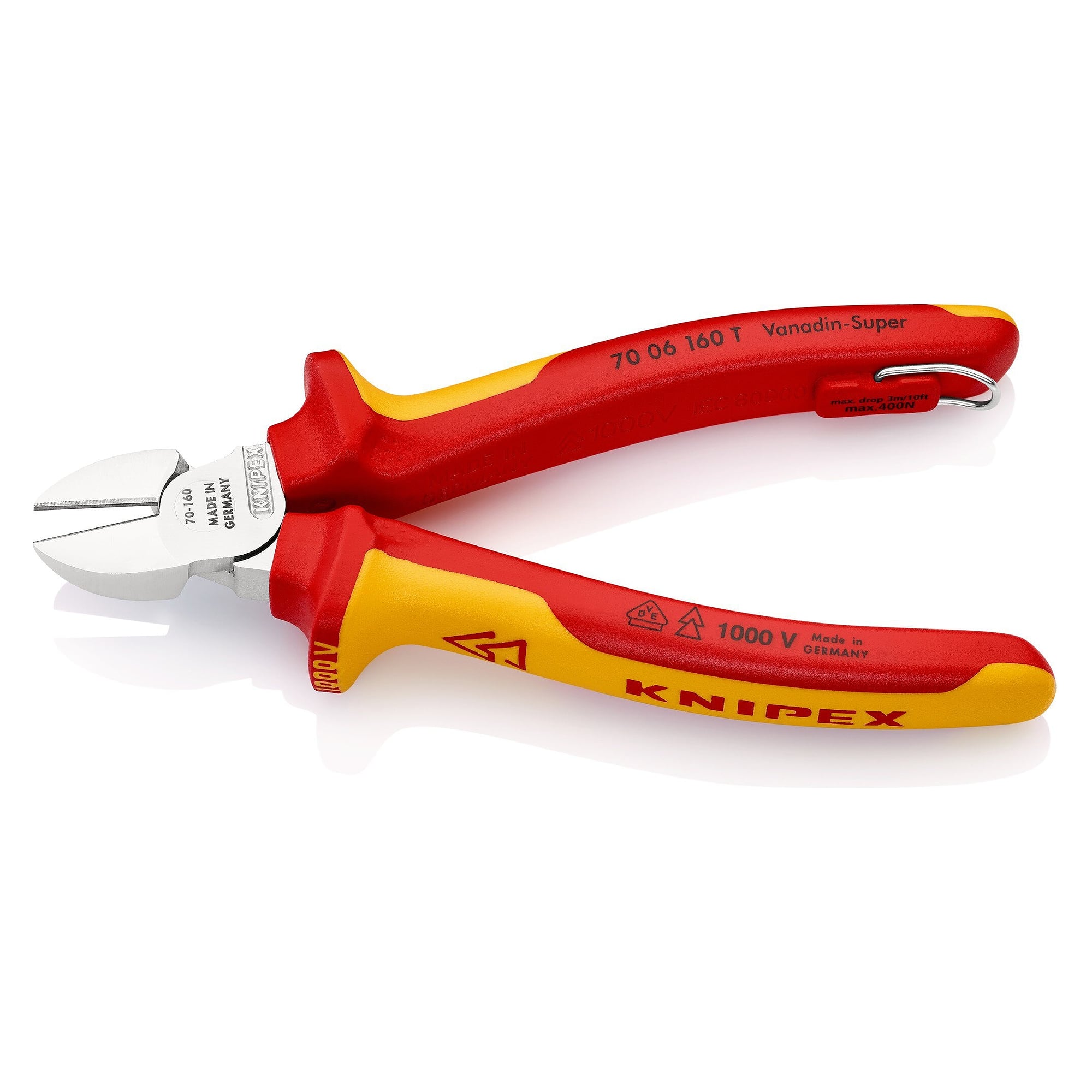 Diagonal cutter VDE insulated with tether eyelet for fall protection, chrome-plated, 160 mm - Knipex 70 06 160 T BK