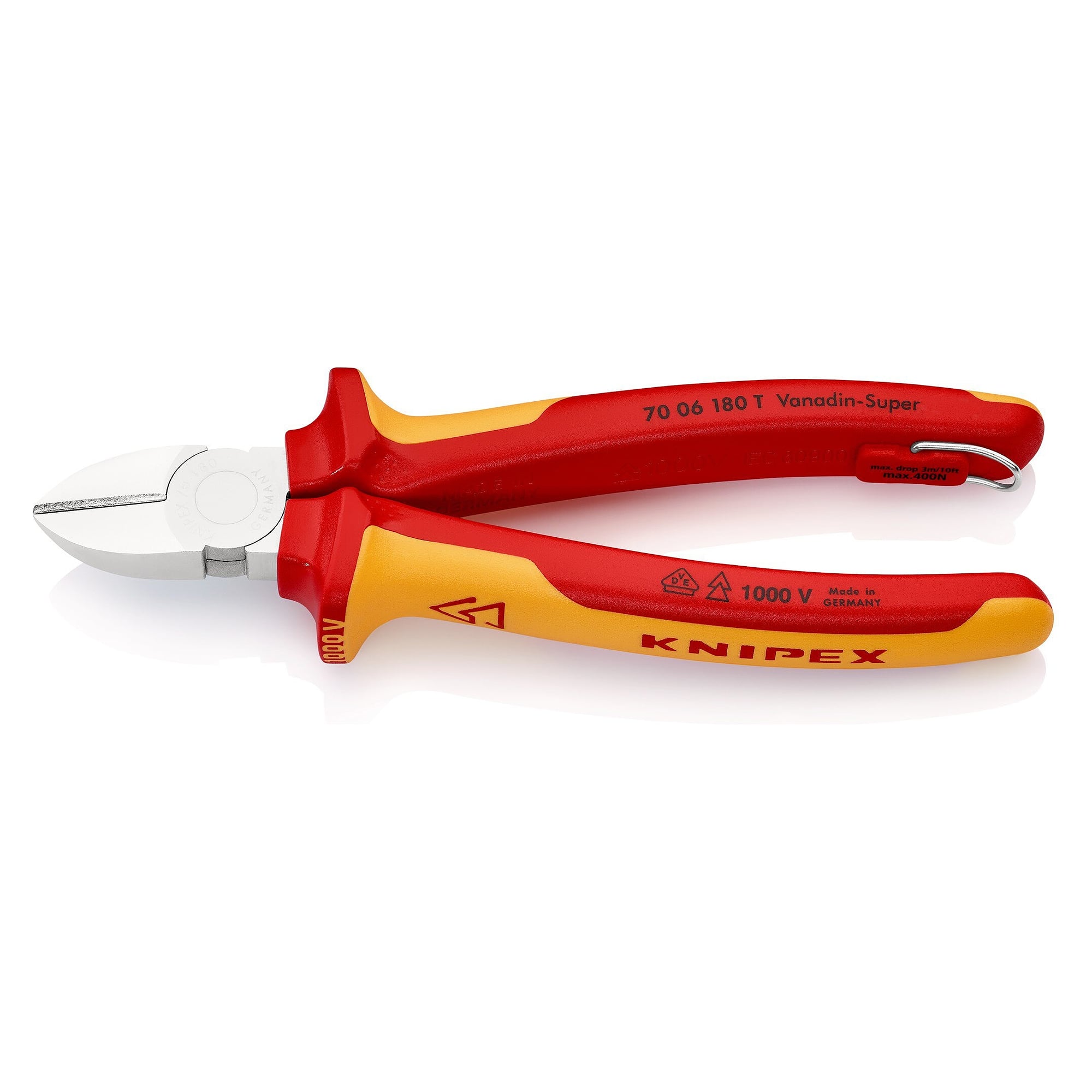 Diagonal cutter VDE insulated with tether eyelet for fall protection, chrome-plated, 180 mm - Knipex 70 06 180 T BK