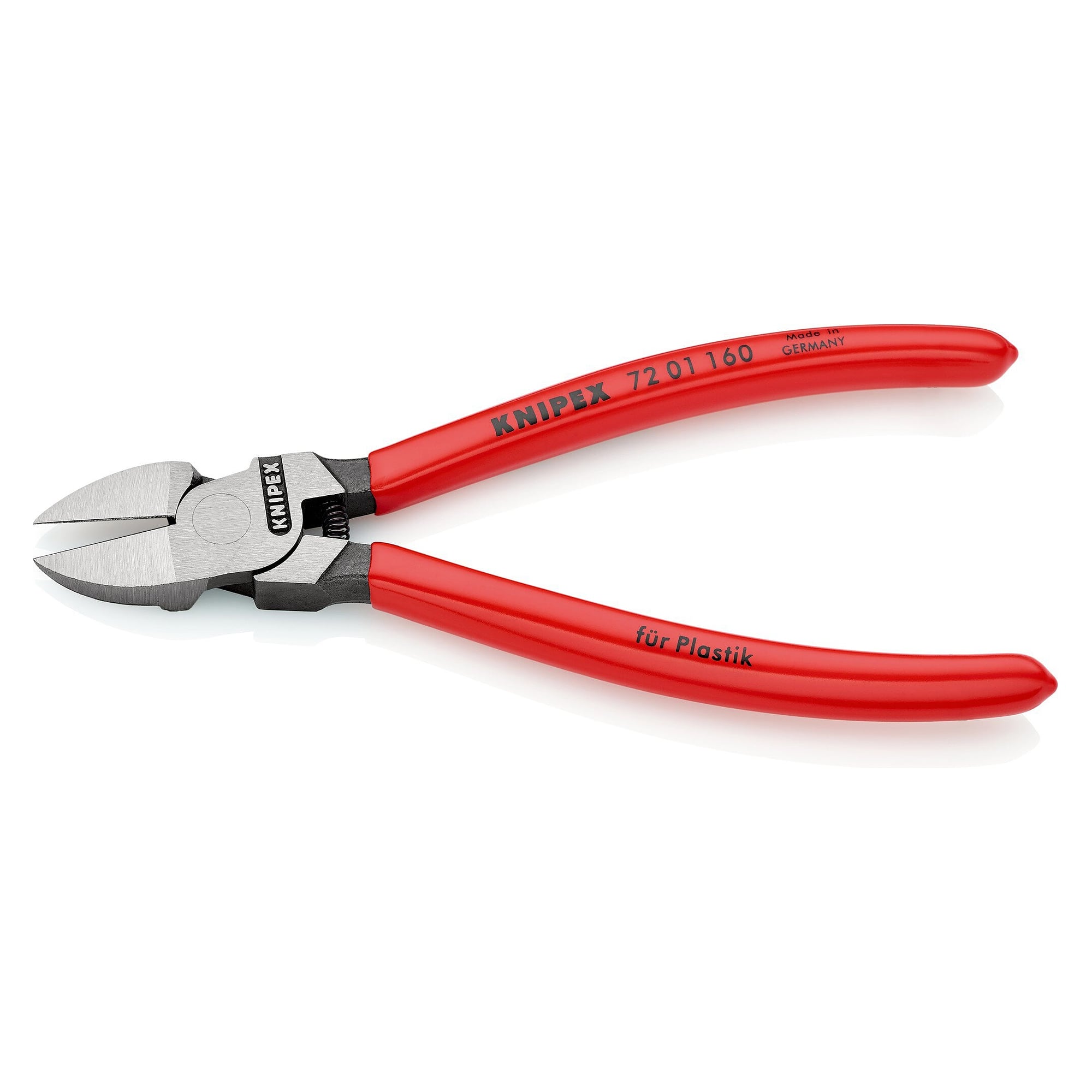 Diagonal cutter for plastics with opening spring, flush edge without bevel, 160 mm - Knipex 72 01 160 SB