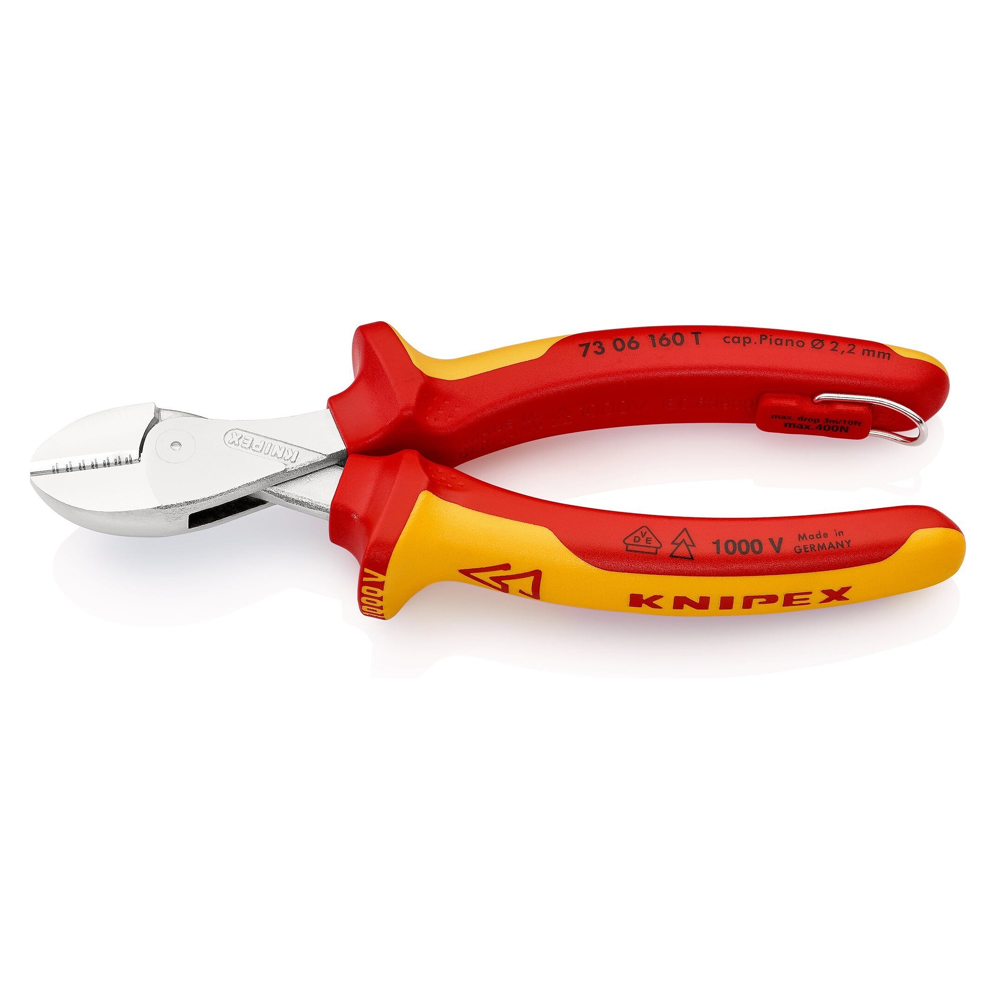 X-Cut compact diagonal cutters VDE insulated, tethering eyelet, Cu cable up to Ø 12 mm, 160 mm - Knipex 73 06 160 T BK
