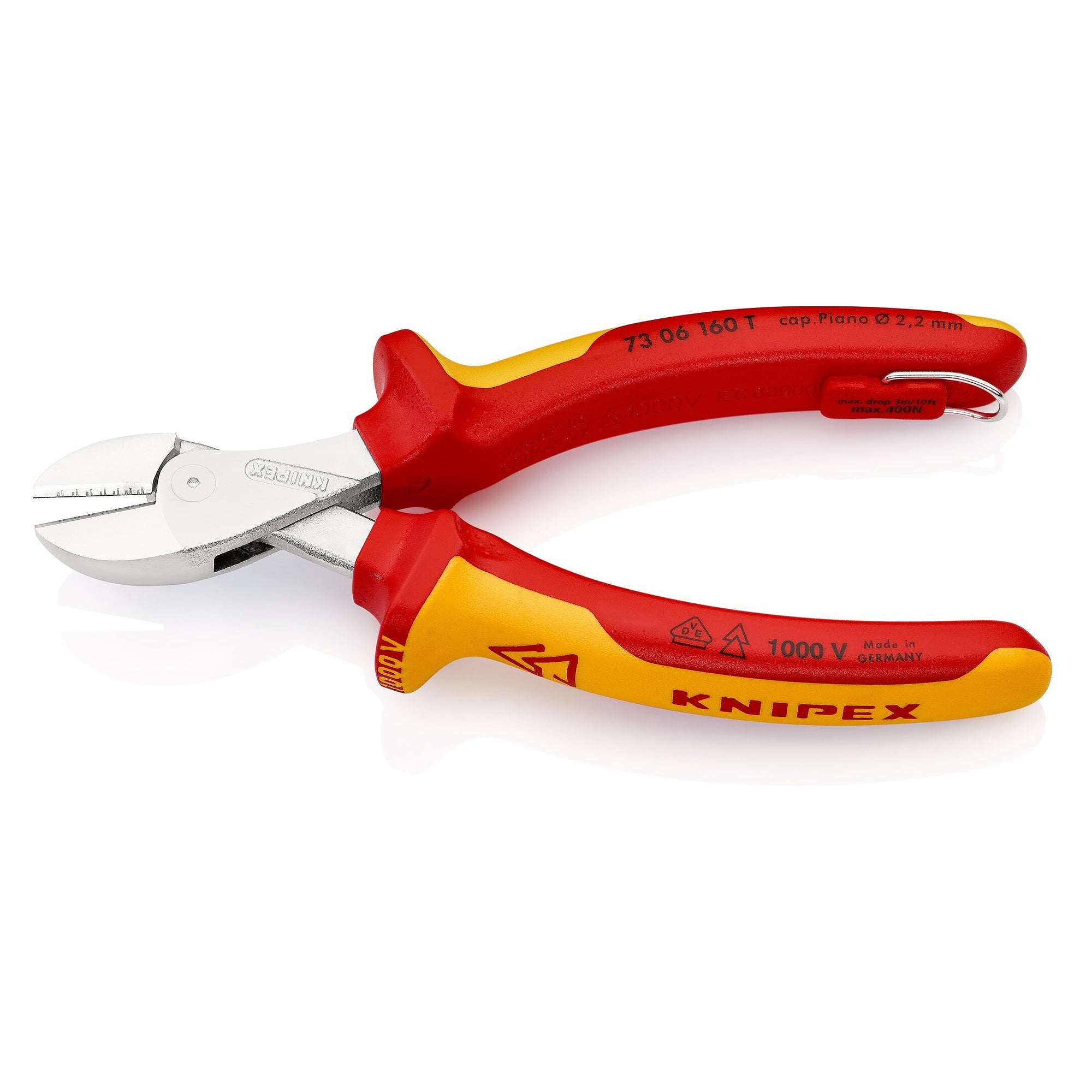 X-Cut compact diagonal cutters VDE insulated, tethering eyelet, Cu cable up to Ø 12 mm, 160 mm - Knipex 73 06 160 T BK