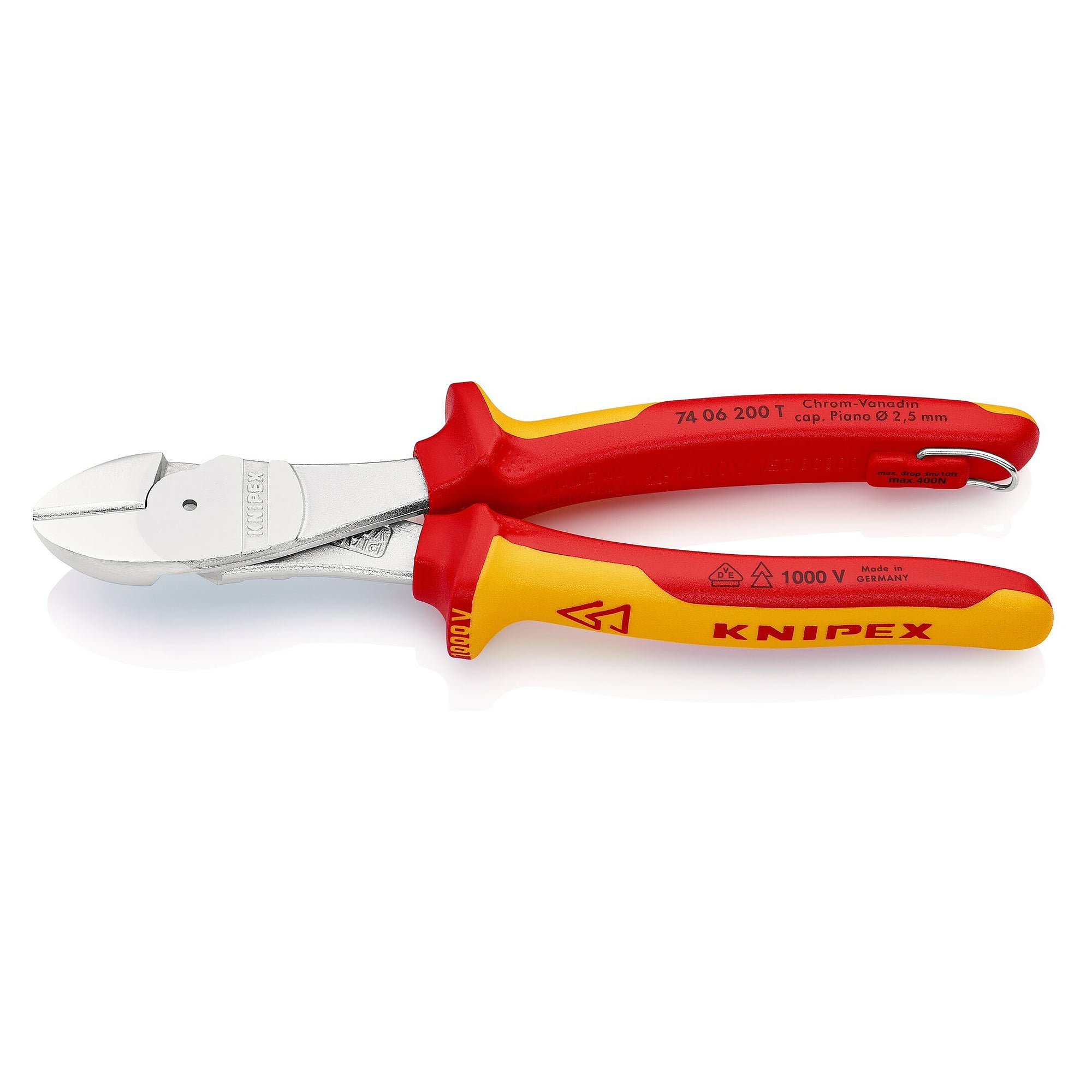 VDE insulated power side cutter with tether eyelet for fall protection, 64 HRC, 200 mm - Knipex 74 06 200 T BK