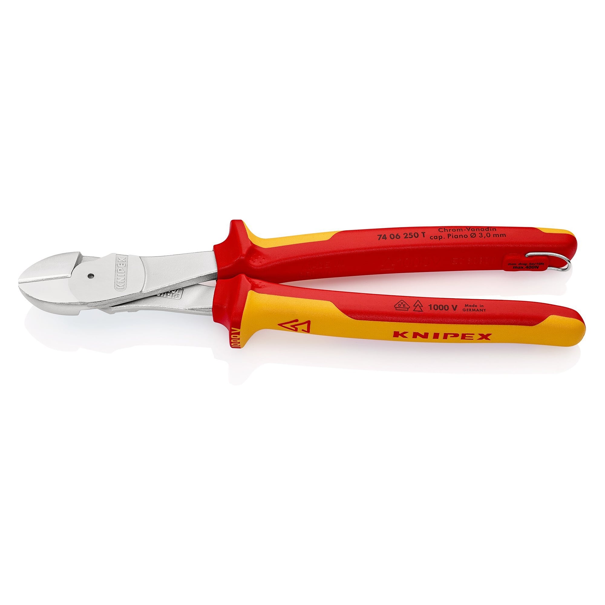 Power diagonal cutter, VDE insulated, with tethering eyelet, 64 HRC edges, 250 mm - Knipex 74 06 250 T BK
