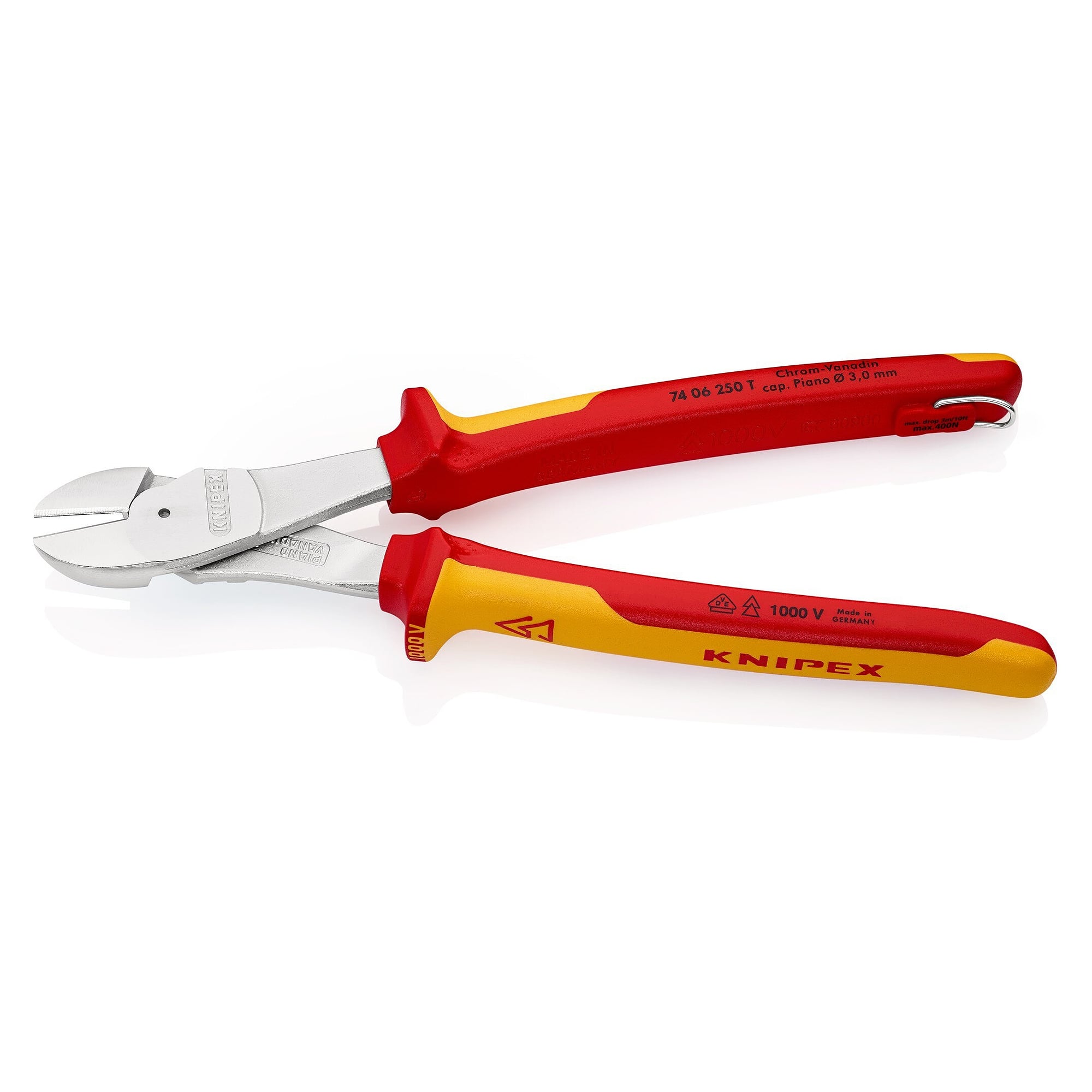 Power diagonal cutter, VDE insulated, with tethering eyelet, 64 HRC edges, 250 mm - Knipex 74 06 250 T BK