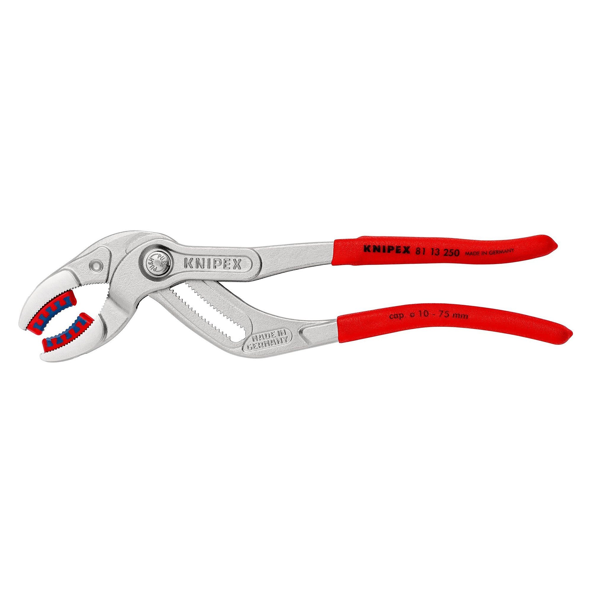 SpeedGrip siphon and connector pliers with plastic jaws, chrome-plated, Ø 10 to 75 mm, 250 mm - Knipex 81 13 250 SB
