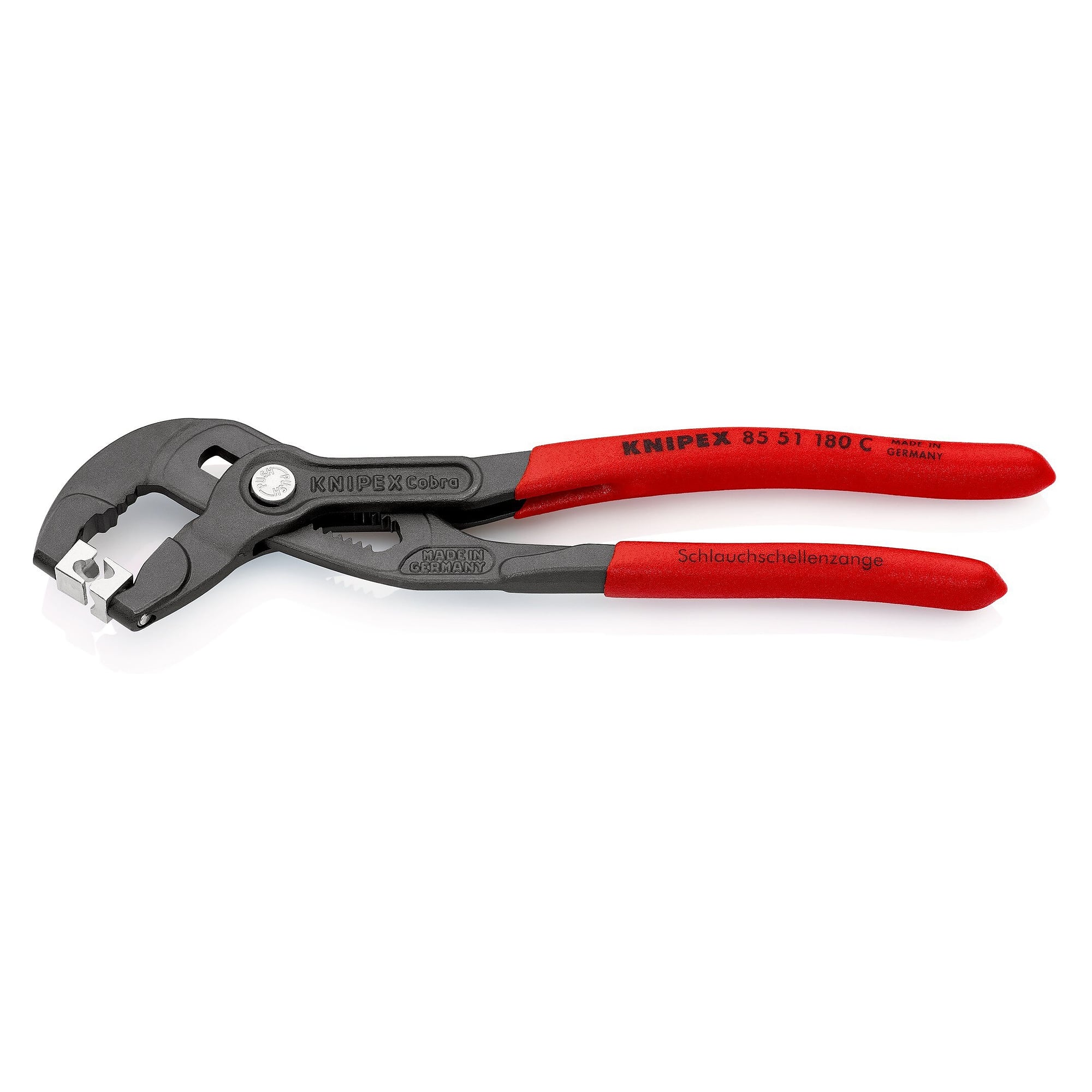 Hose clamp pliers for click clamps 180 mm, grey atramentized, non-slip plastic coating - Knipex 85 51 180 C SB
