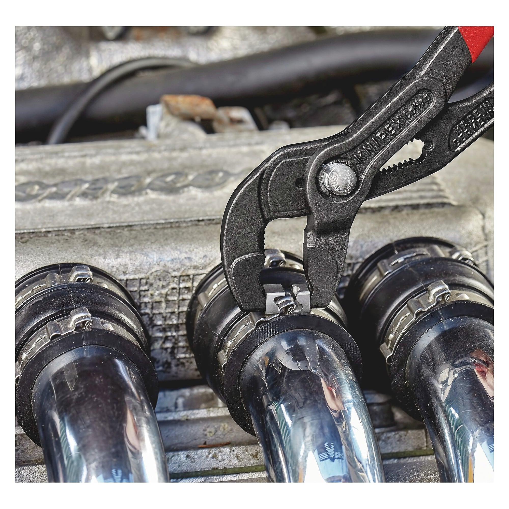 Hose clamp pliers for click clamps 180 mm, grey atramentized, non-slip plastic coating - Knipex 85 51 180 C SB