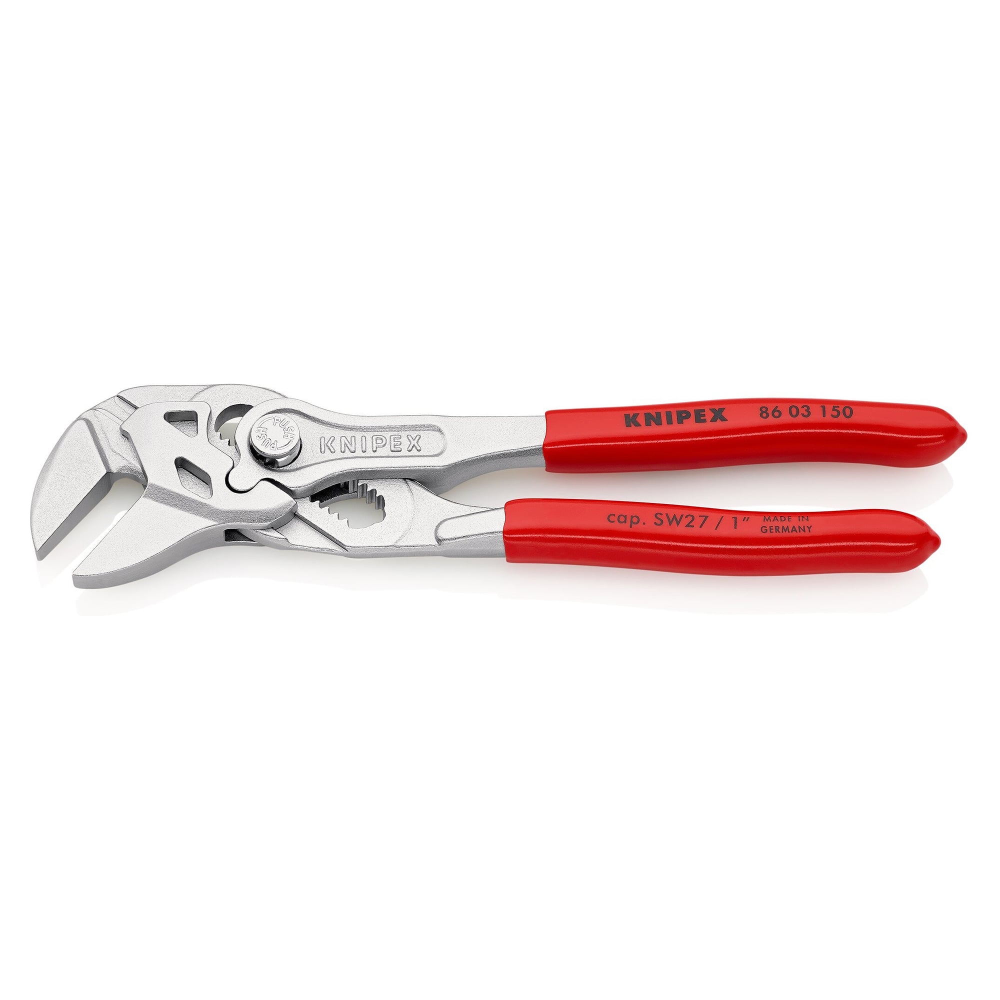 Pliers wrench 150 mm, chrome-plated, plastic-coated handles, jaw capacity up to 27 mm - Knipex 86 03 150 SB