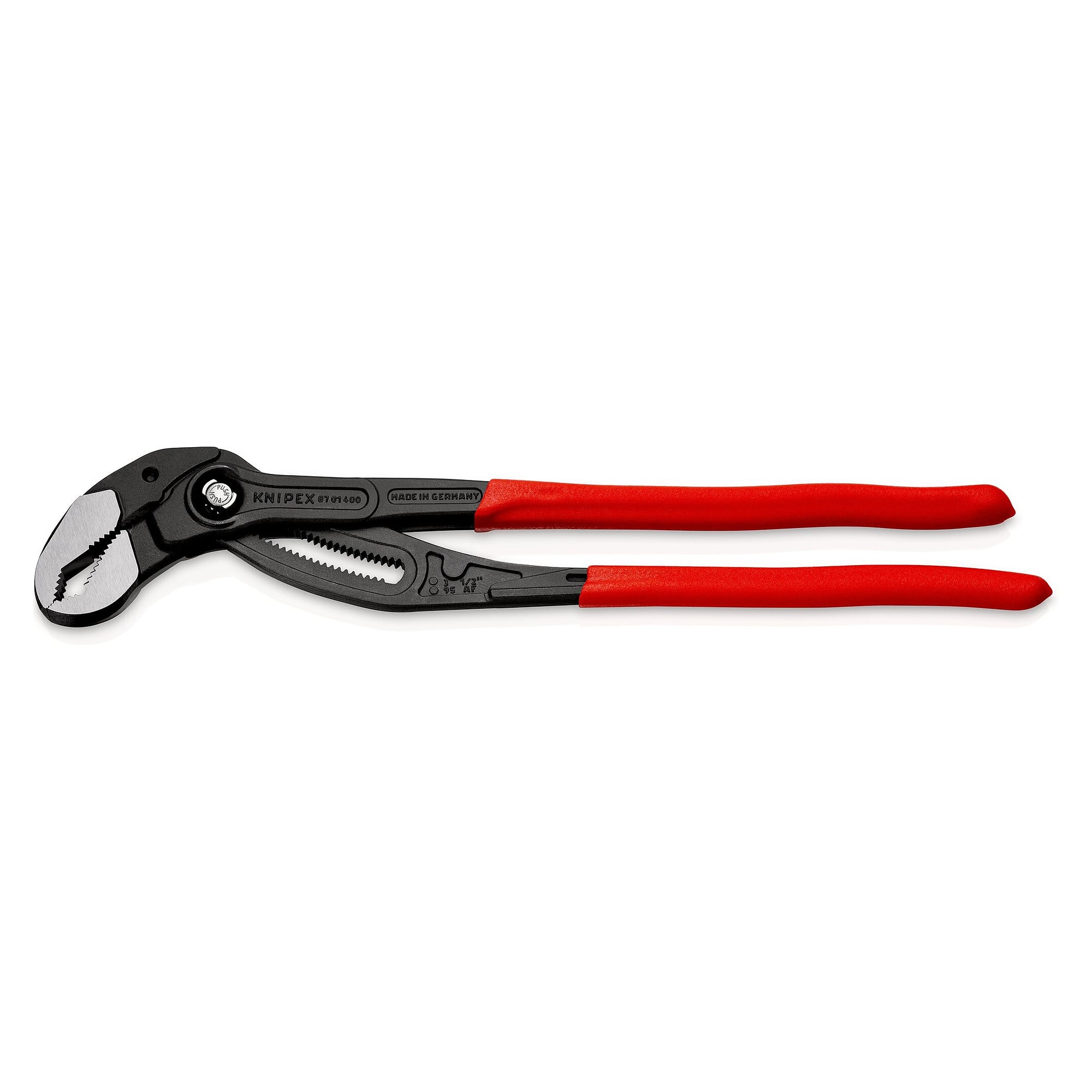 Cobra XL pipe wrench and water pump pliers, pipes up to 90 mm, push-button adjustment, 400 mm - Knipex 87 01 400 SB