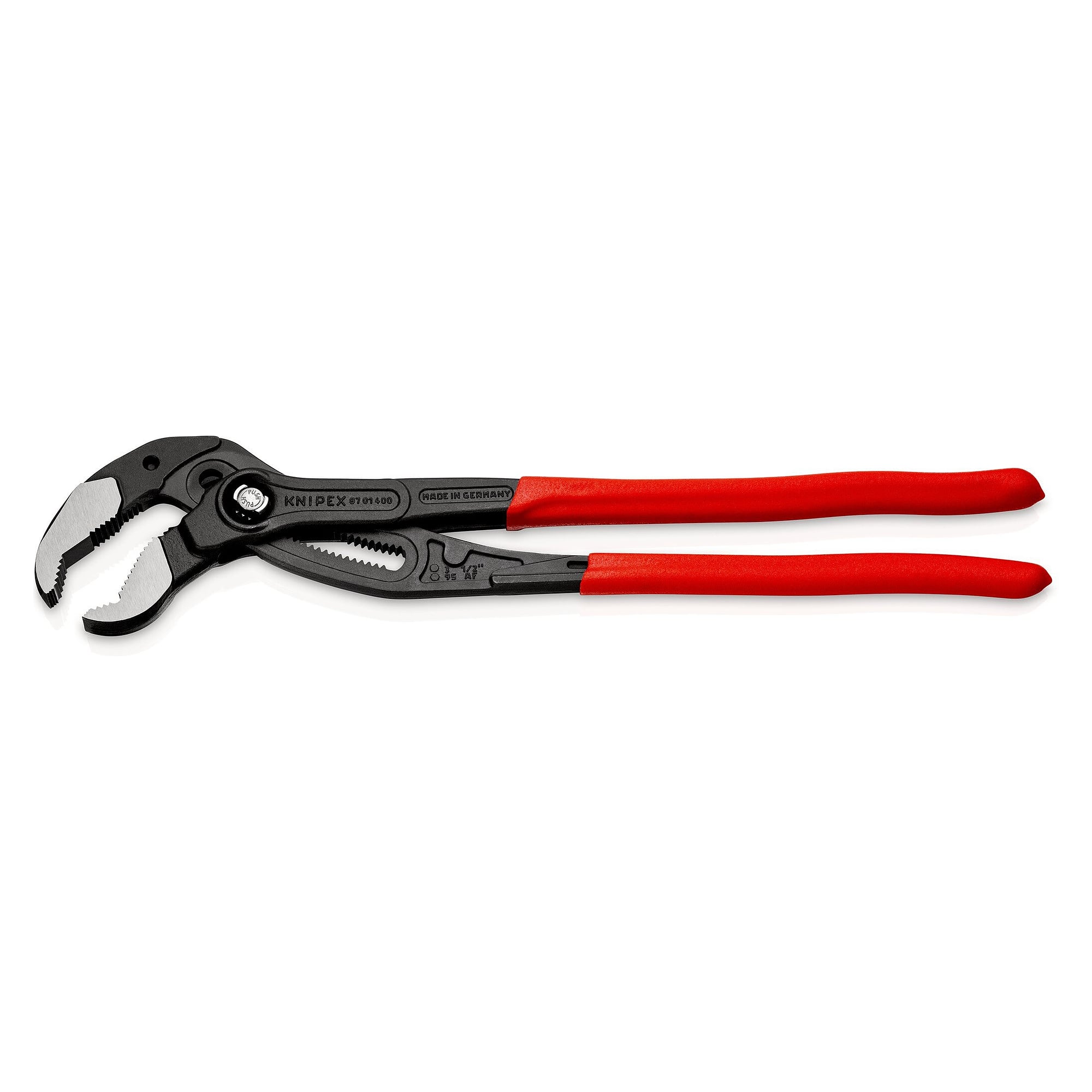 Cobra XL pipe wrench and water pump pliers, pipes up to 90 mm, push-button adjustment, 400 mm - Knipex 87 01 400 SB