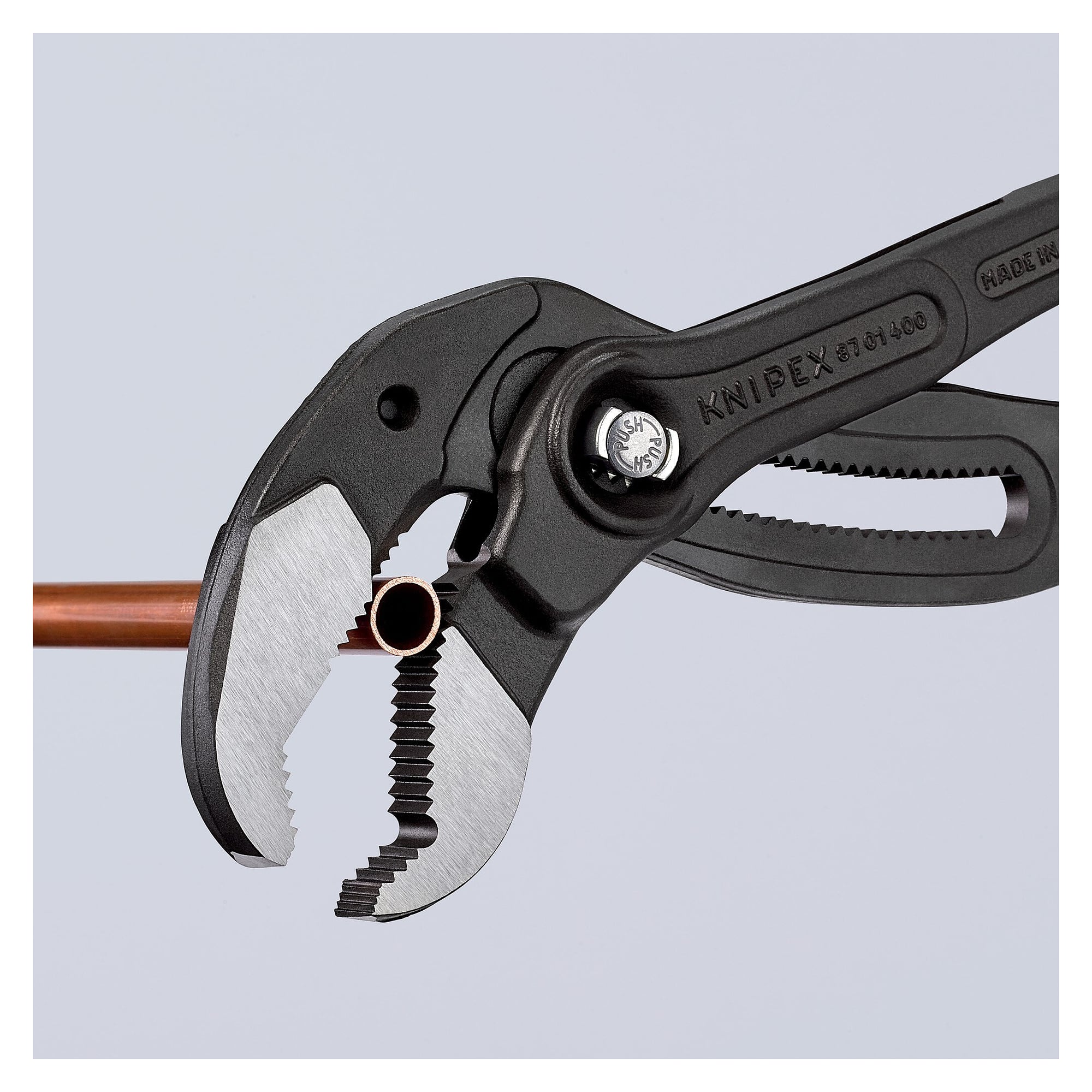 Cobra XL pipe wrench and water pump pliers, pipes up to 90 mm, push-button adjustment, 400 mm - Knipex 87 01 400 SB