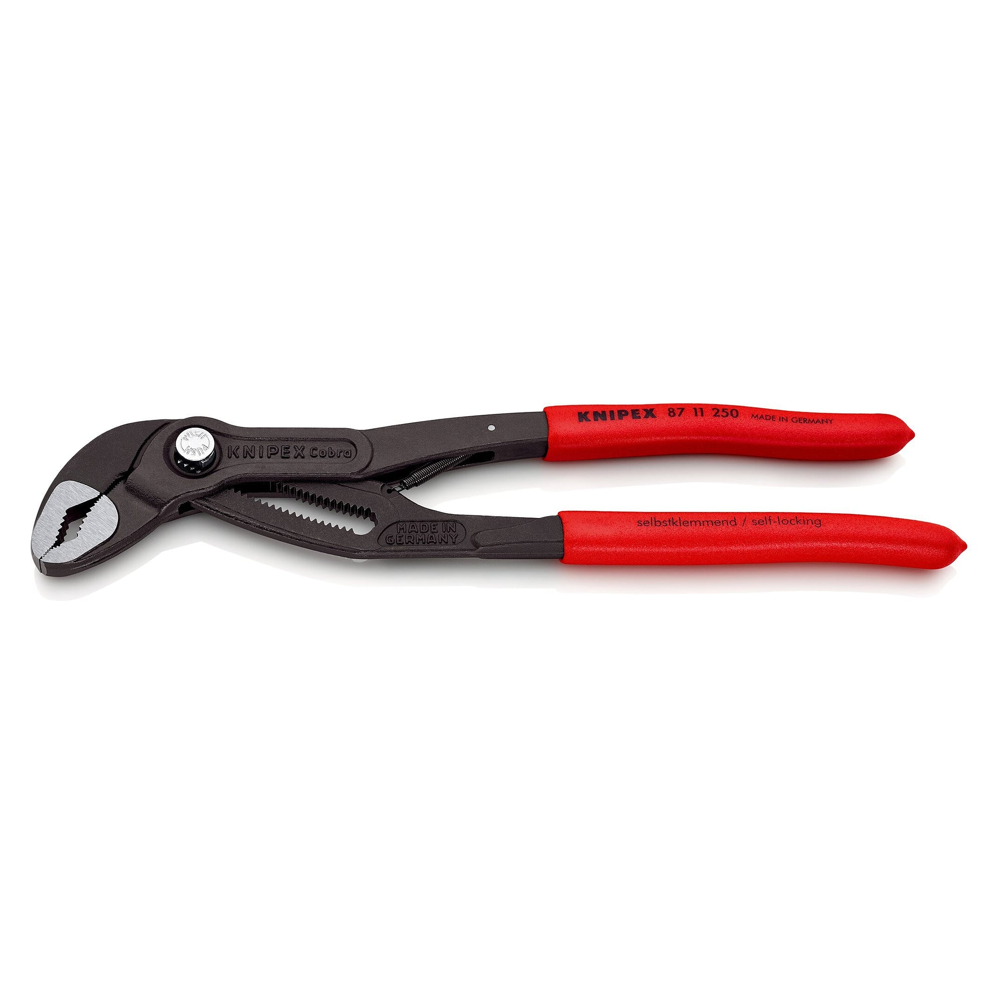 Cobra matic water pump pliers with automatic push-button adjustment, pipes up to 50 mm, 250 mm - Knipex 87 11 250 SB