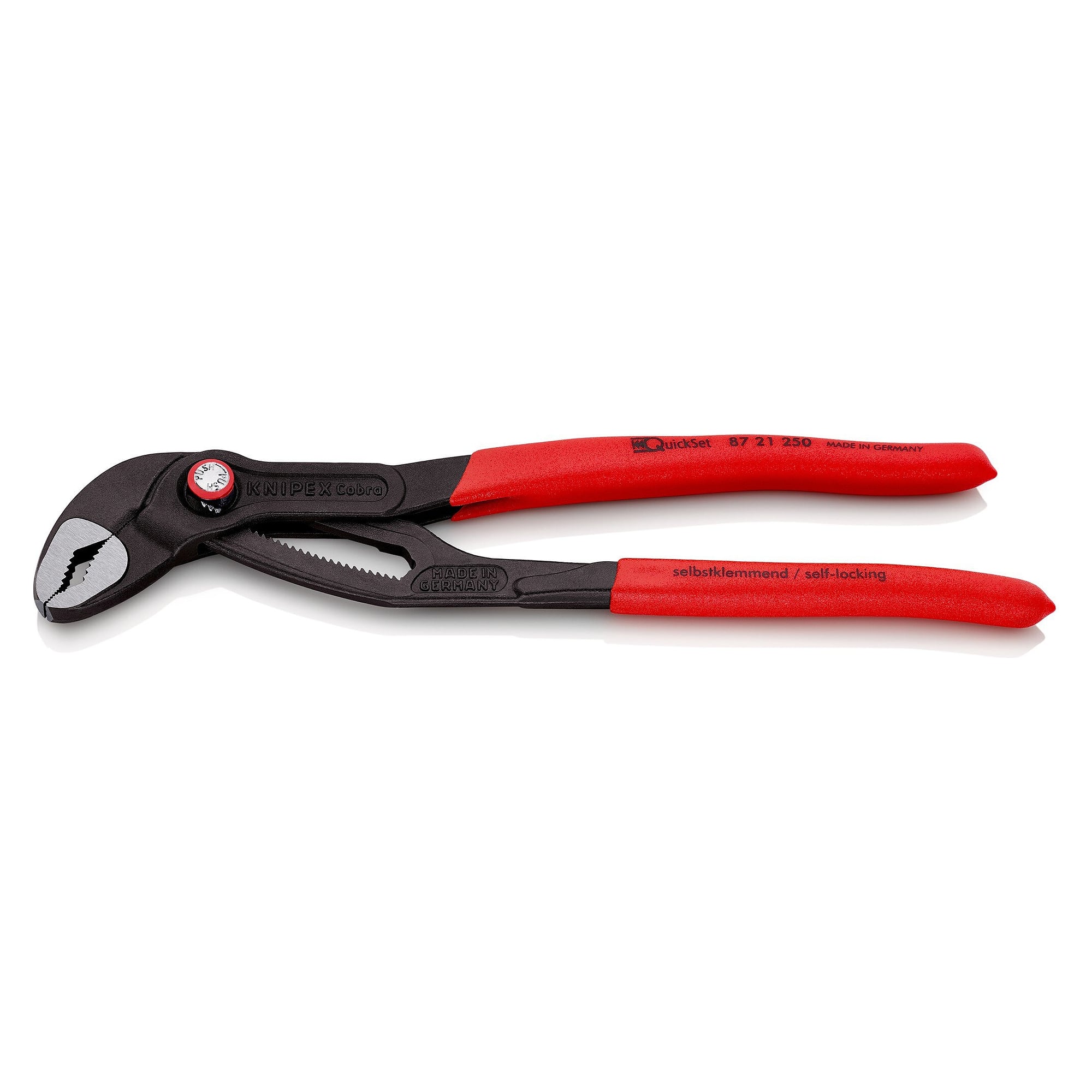 Cobra QuickSet water pump pliers with plastic handles, push-to-set, pipes up to 50 mm, 250 mm - Knipex 87 21 250 SB
