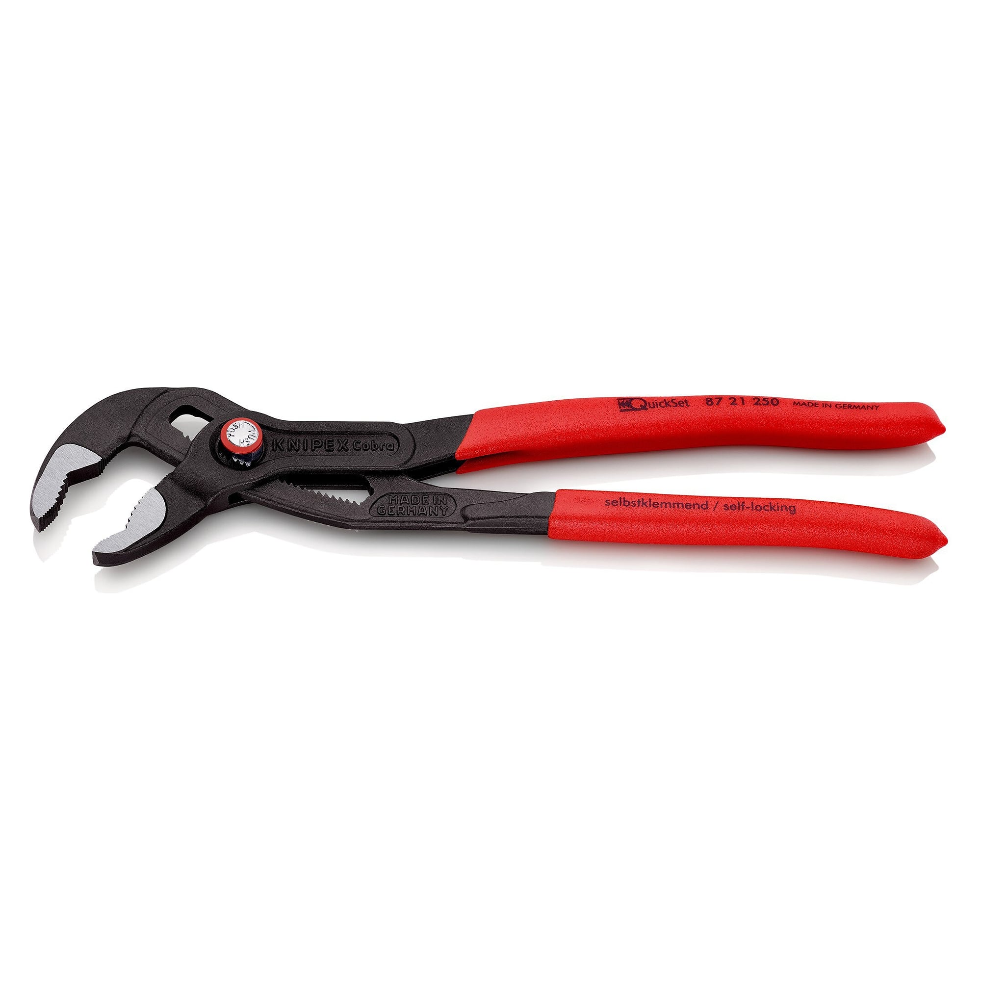 Cobra QuickSet water pump pliers with plastic handles, push-to-set, pipes up to 50 mm, 250 mm - Knipex 87 21 250 SB