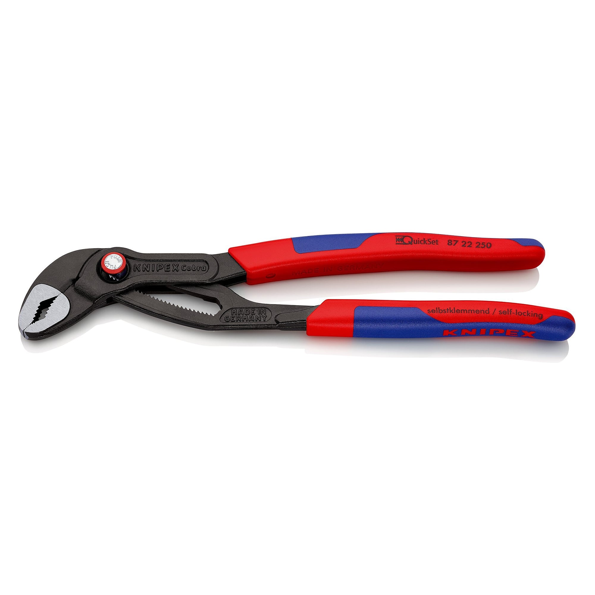 Cobra QuickSet water pump pliers with slim handles, push-to-set, pipes up to 50 mm, 250 mm - Knipex 87 22 250 SB