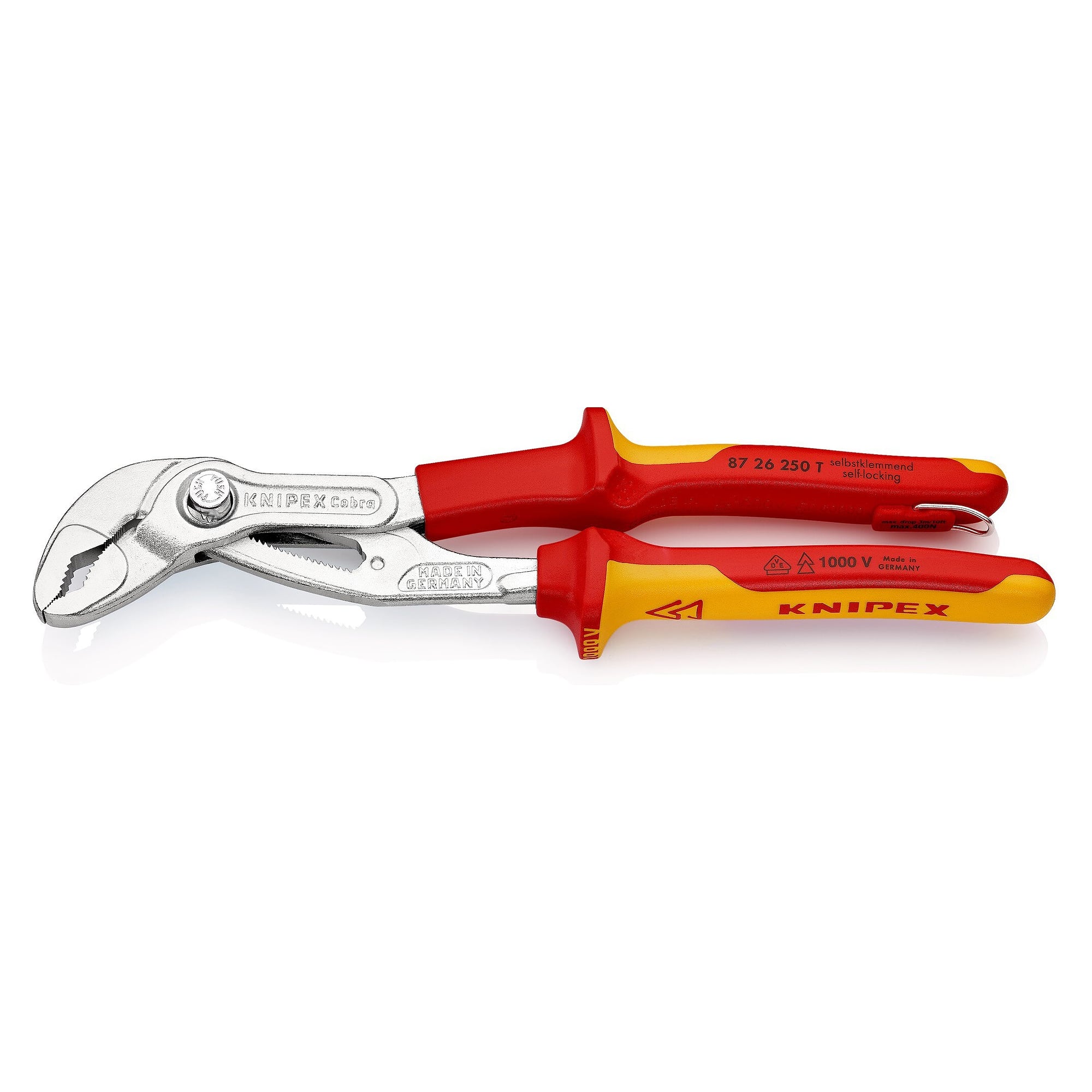Cobra VDE water pump pliers, insulated, tethering eyelet, pipes up to Ø 50 mm, 250 mm - Knipex 87 26 250 T BK