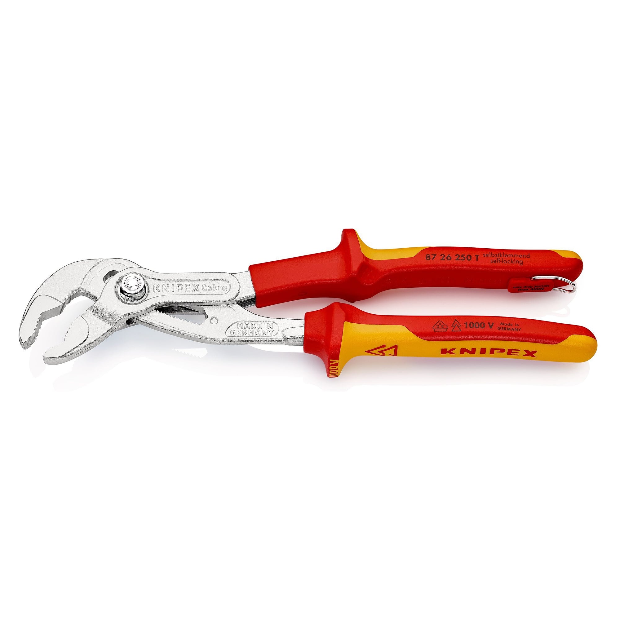 Cobra VDE water pump pliers, insulated, tethering eyelet, pipes up to Ø 50 mm, 250 mm - Knipex 87 26 250 T BK