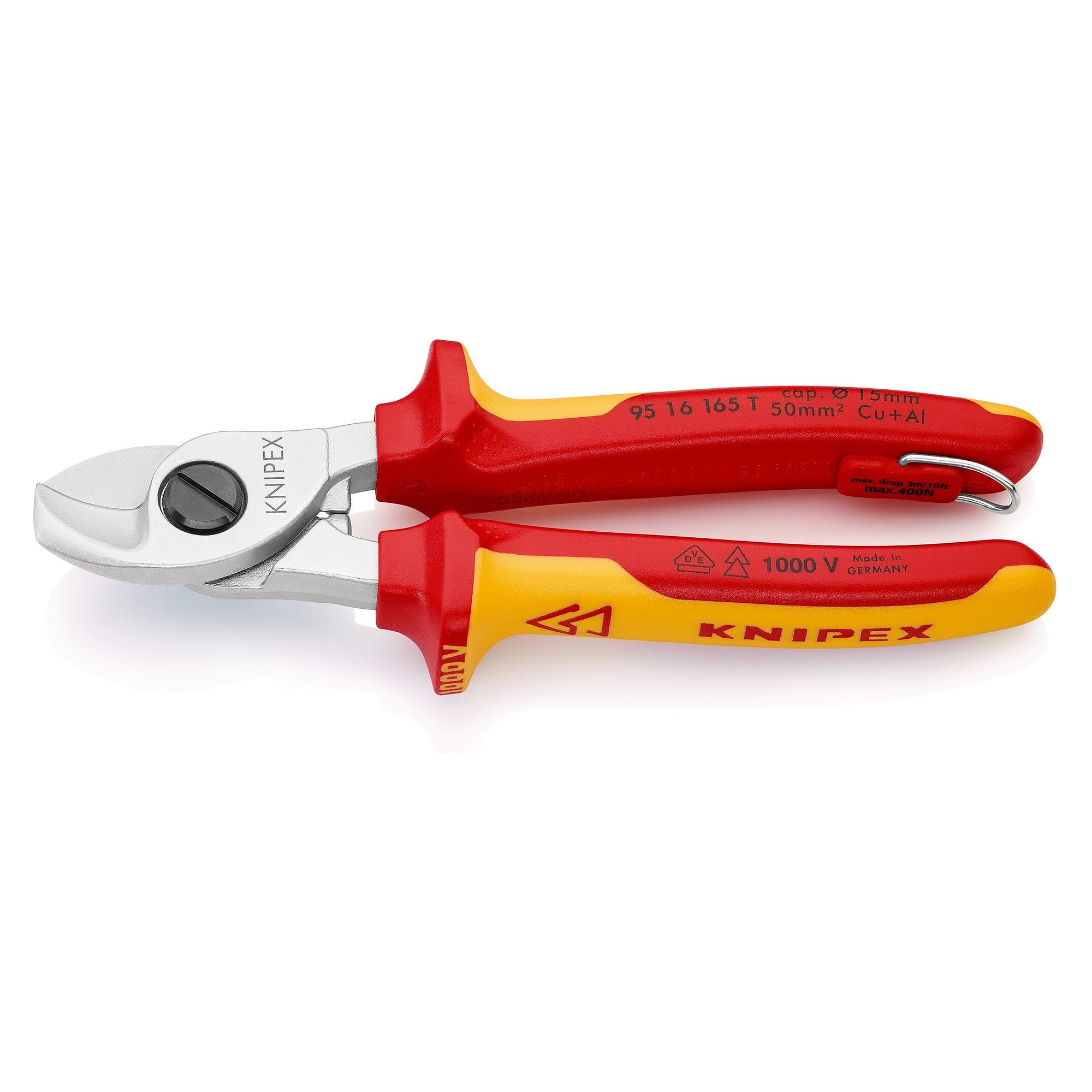 VDE cable shears with tethering eyelet, insulated, Cu cable up to 50 mm² / Ø 15 mm, 165 mm - Knipex 95 16 165 T BK
