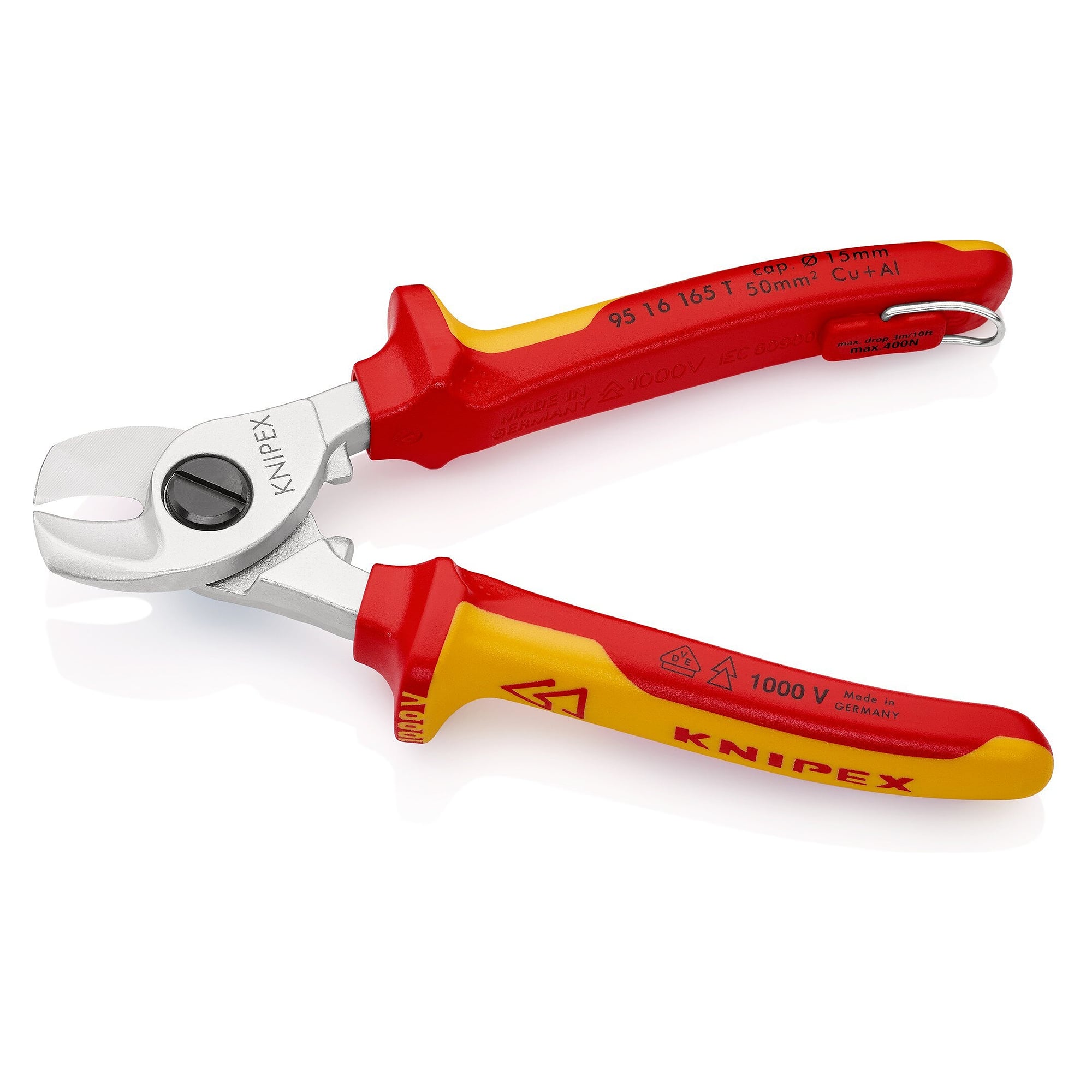 VDE cable shears with tethering eyelet, insulated, Cu cable up to 50 mm² / Ø 15 mm, 165 mm - Knipex 95 16 165 T BK