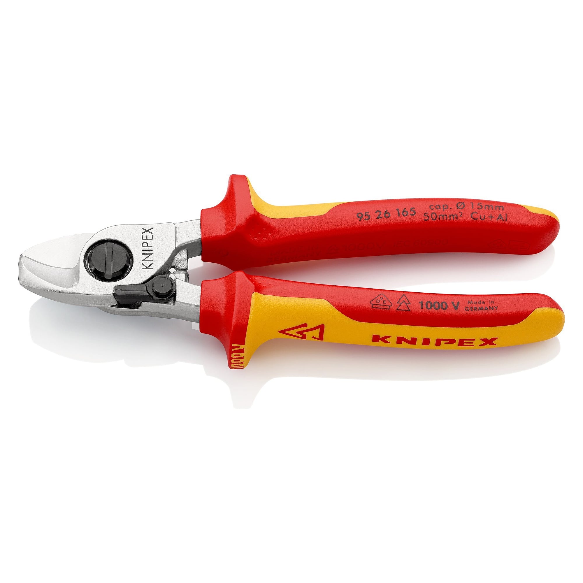 Coupe-câbles VDE à ressort d'ouverture, isolé, câble Cu jusqu'à 50 mm² / Ø 15 mm, 165 mm - Knipex 95 26 165 SB