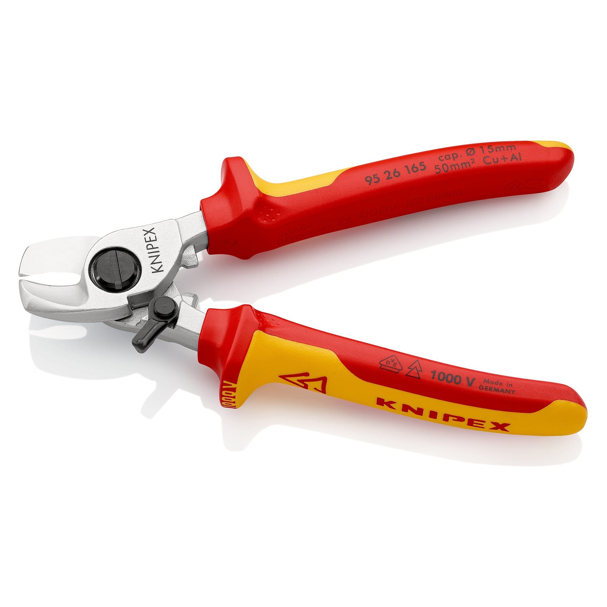 Coupe-câbles VDE à ressort d'ouverture, isolé, câble Cu jusqu'à 50 mm² / Ø 15 mm, 165 mm - Knipex 95 26 165 SB