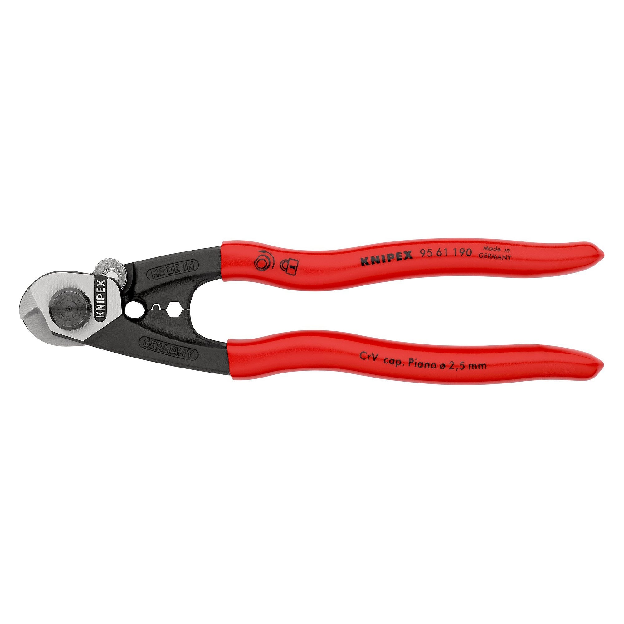 Cisaille à câbles métalliques 190 mm forgée, deux profils de sertissage, poignées plastique - Knipex 95 61 190 SB