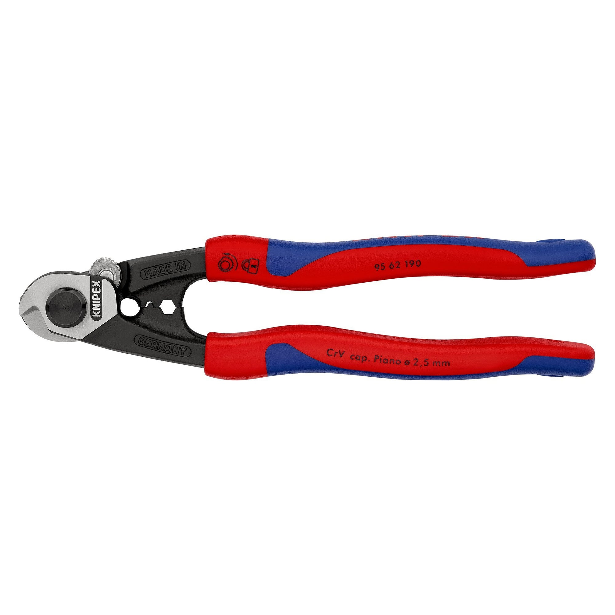 Cisaille à câbles métalliques 190 mm forgée, deux profils de sertissage, gaines multicomposants - Knipex 95 62 190 SB