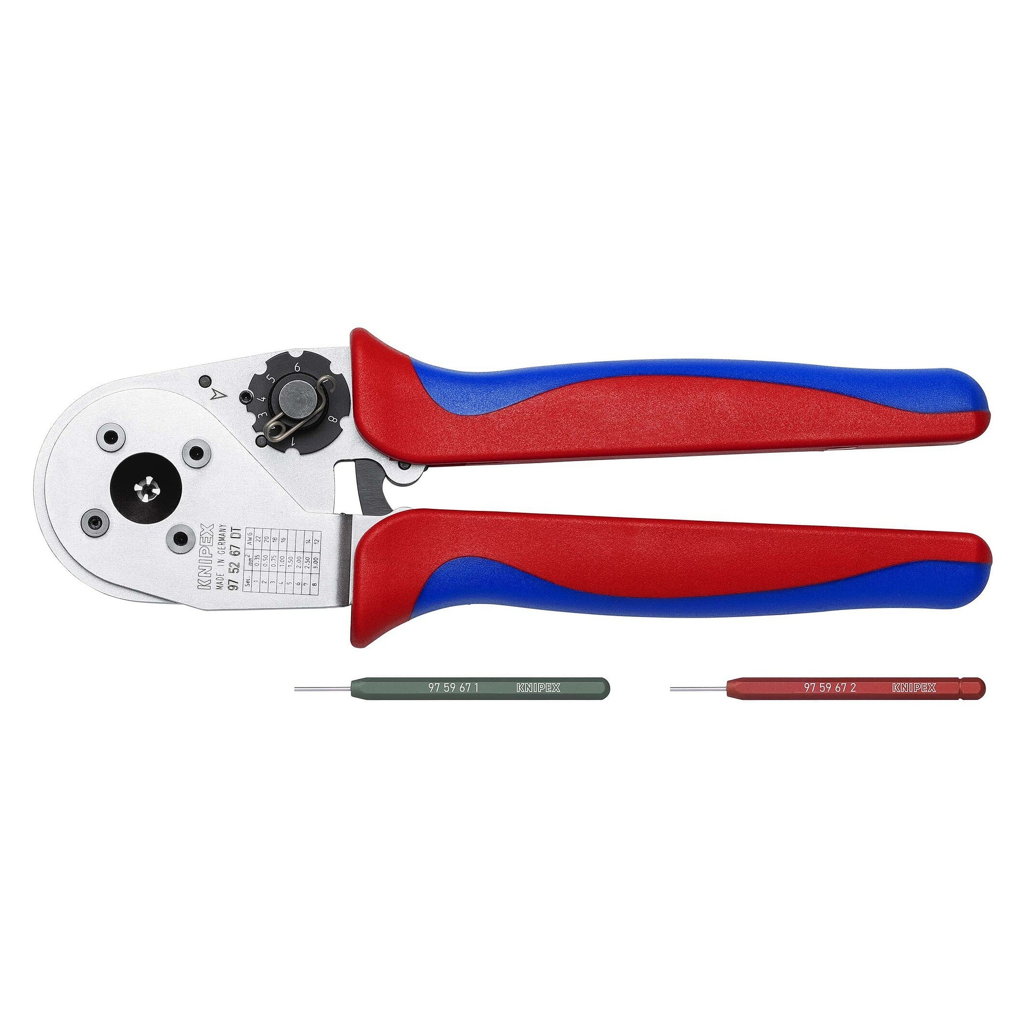 Four-mandrel crimping pliers for DT, DTM and DTP contacts, 0.35 to 3.0 mm², AWG 22 to 12, 230 mm - Knipex 97 52 67 DT