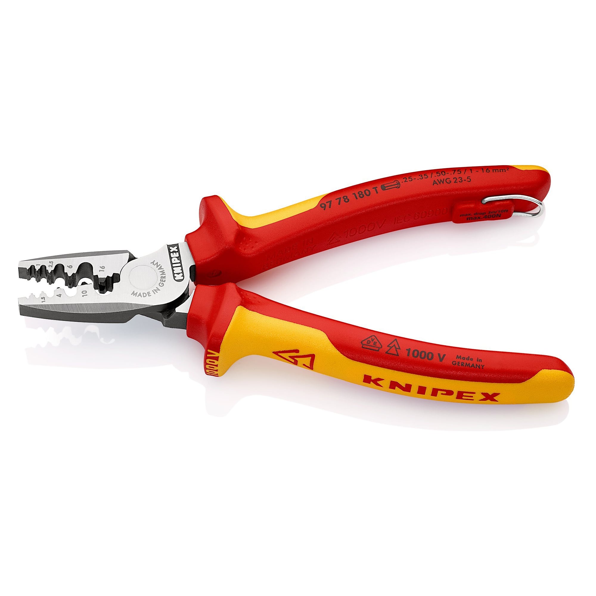 VDE-Crimpzange für Aderendhülsen 0,25 bis 16 mm² mit Befestigungsöse, isoliert, 180 mm - Knipex 97 78 180 T BK