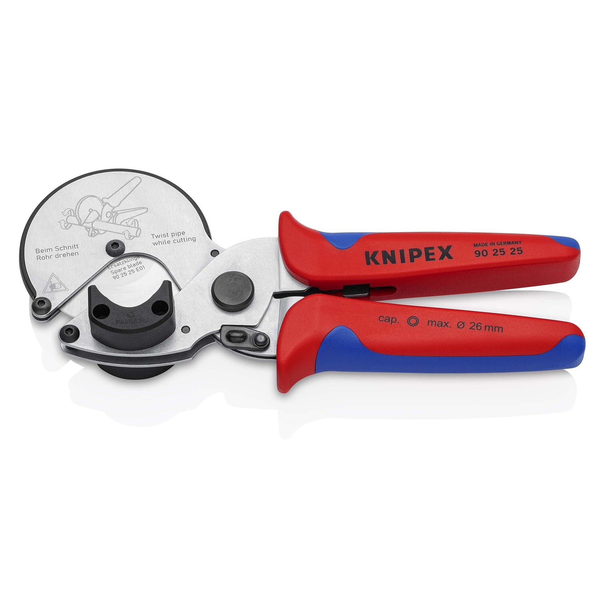 Pipe cutter for composite and plastic pipes up to Ø 26 mm, rotating cutting wheel, 210 mm - Knipex 90 25 25