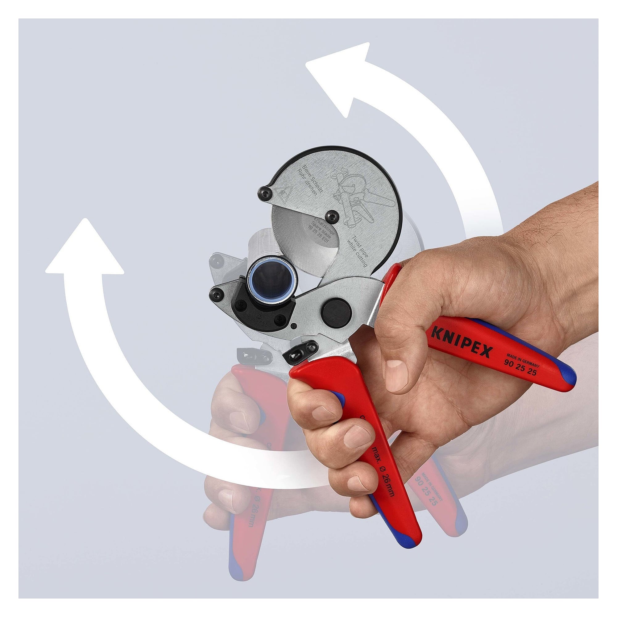 Pipe cutter for composite and plastic pipes up to Ø 26 mm, rotating cutting wheel, 210 mm - Knipex 90 25 25