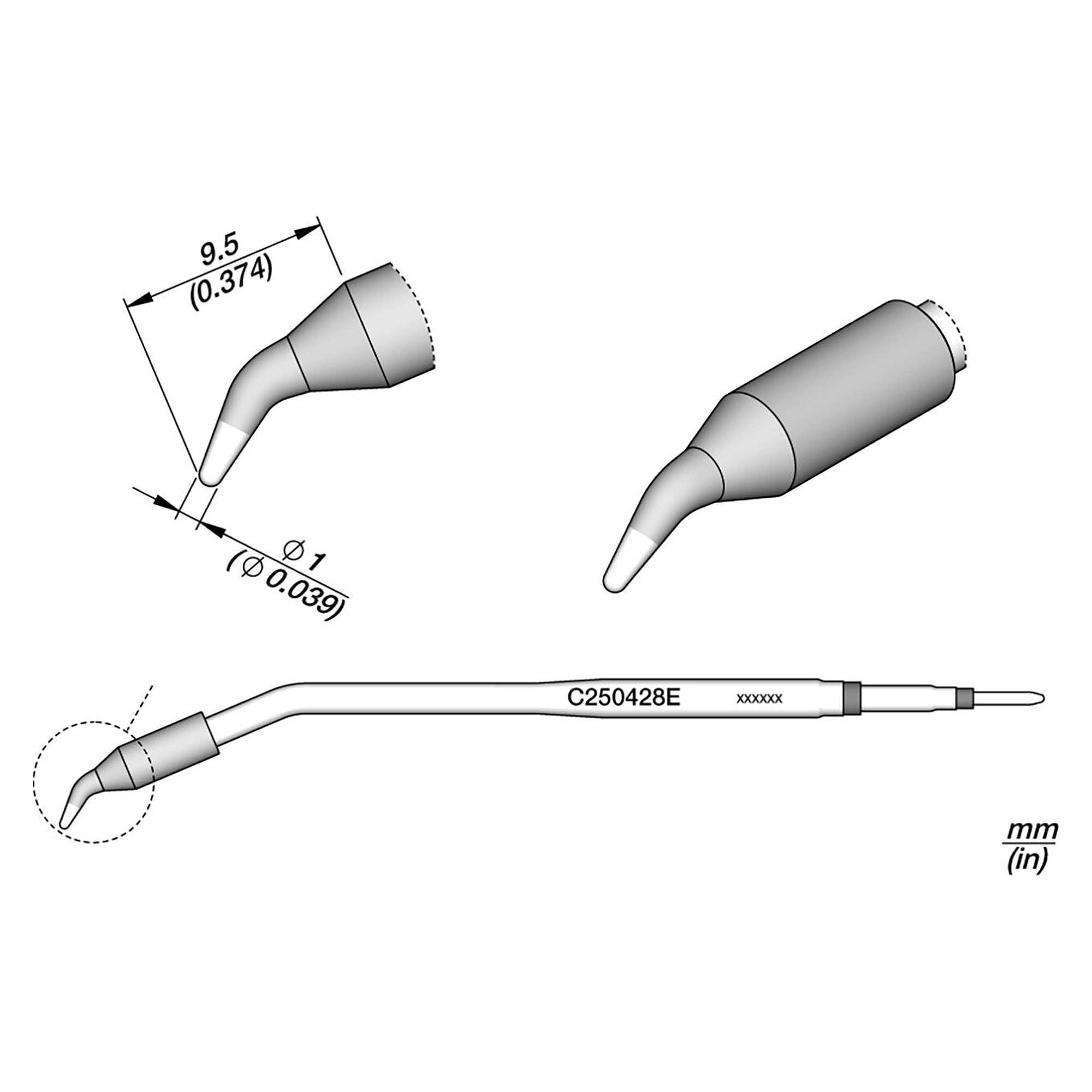 Lötspitze konisch gebogen Ø 1 mm, verstärkt, Serie C250 für ALE250 und AP250 - JBC C250428E