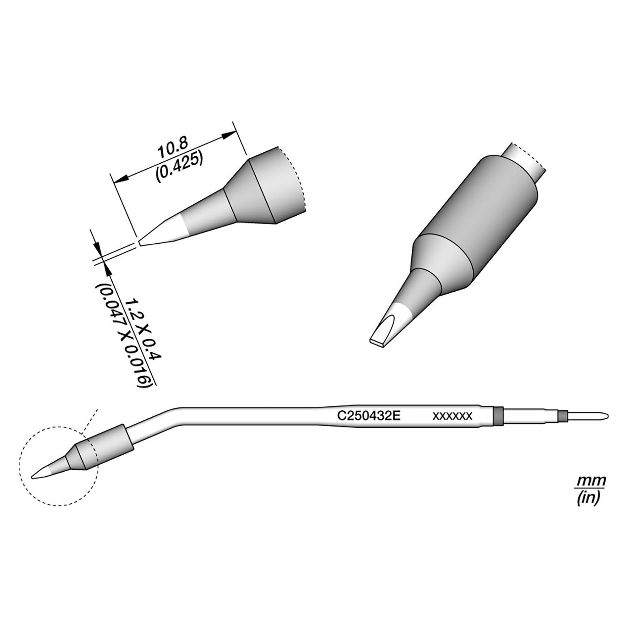Lötspitze C250 meißelförmig 1,2 x 0,4 mm, gerade, für ALE250 und AP250 - JBC C250432E