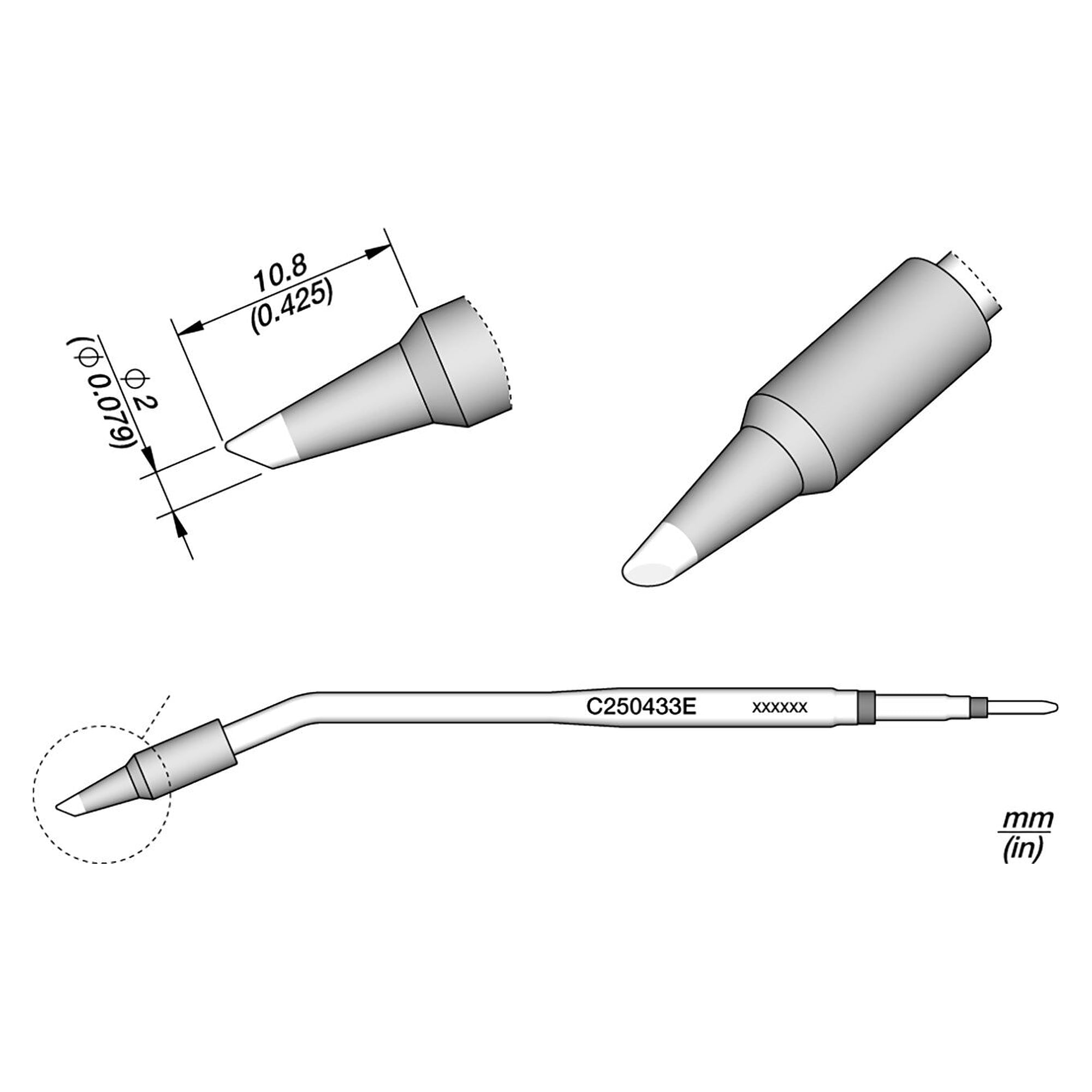 C250 soldering tip cartridge conical bevelled Ø 2 mm for ALE250 iron - JBC C250433E