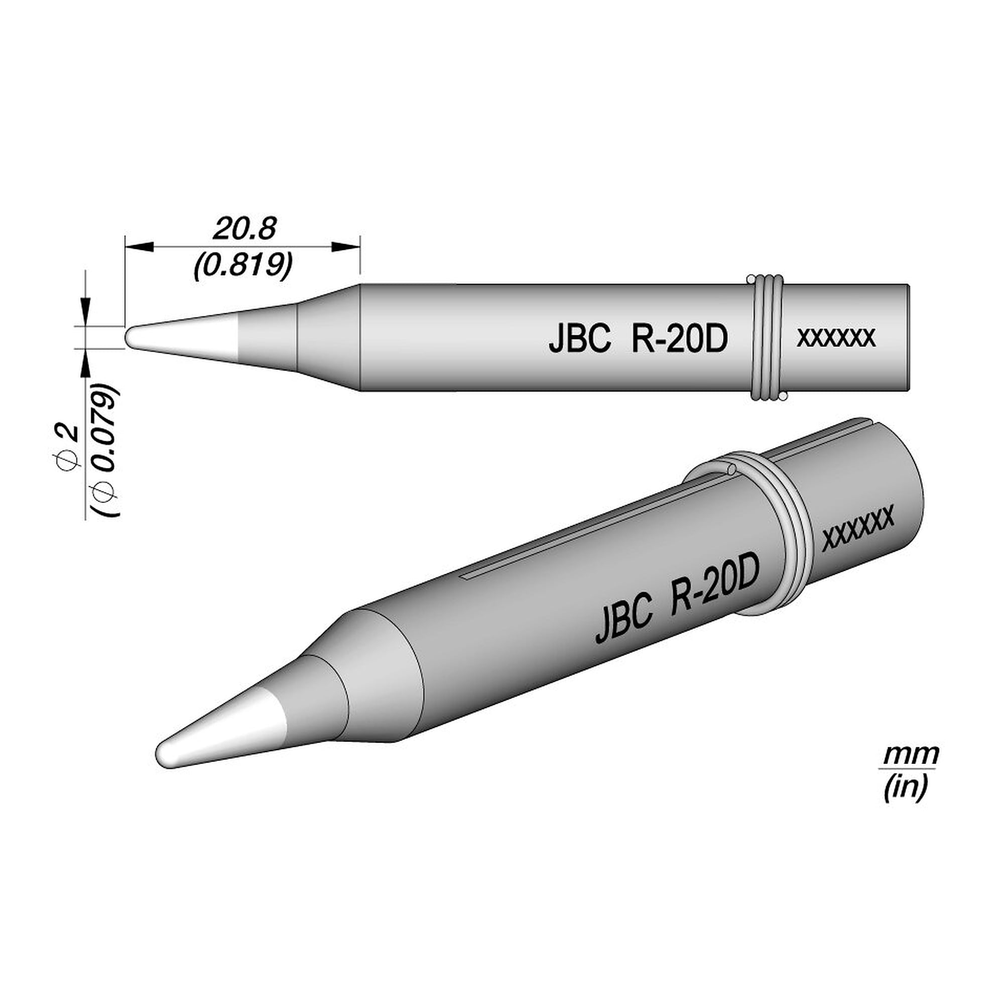 Lötspitze R-20 spitz und gerade, Ø 2 mm, für Lötkolben 65ST - JBC 0650903