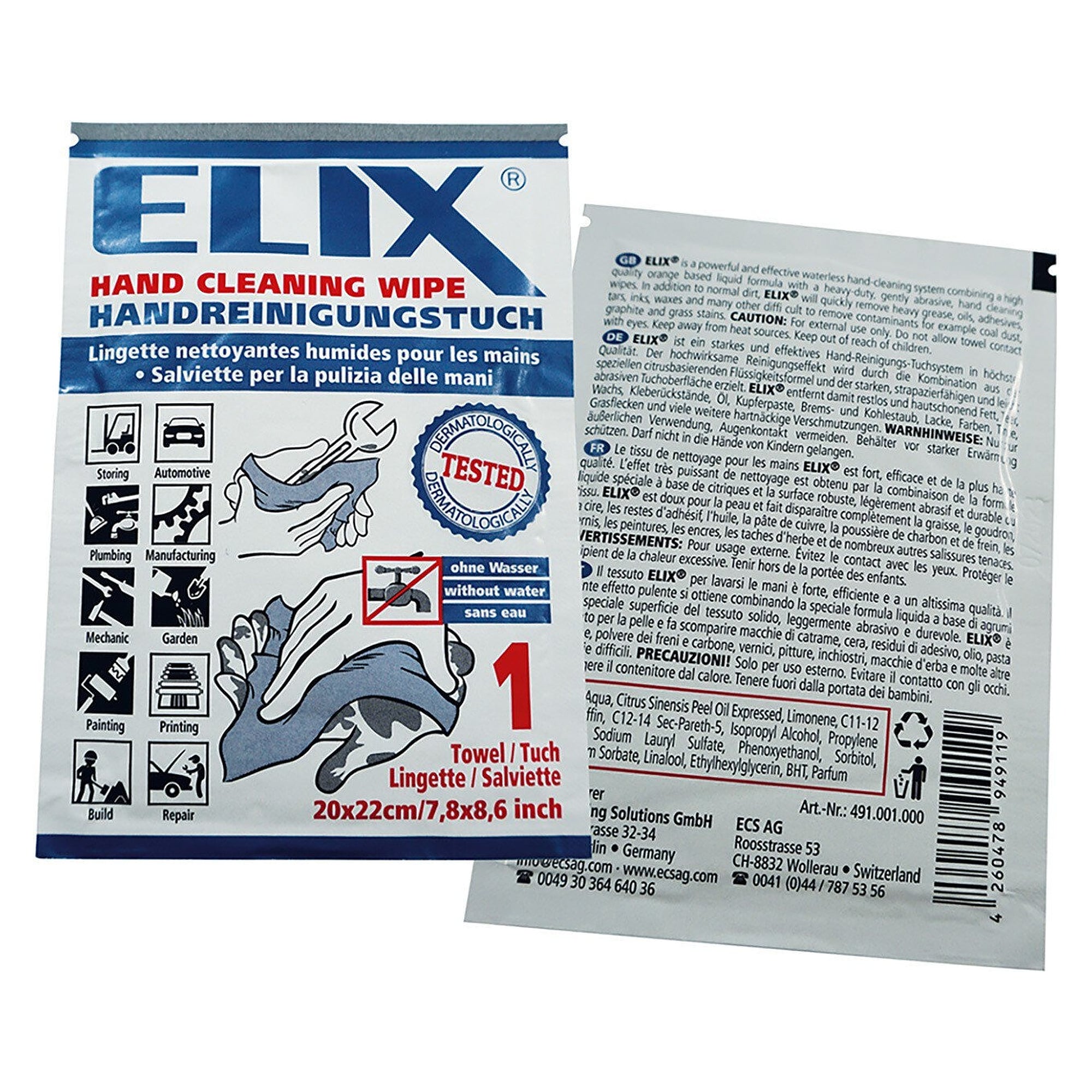 Handreinigungstuch einzeln verpackt, 20 x 22 cm, gegen Fett, Kleber und Farbe - ECS 491.001.000