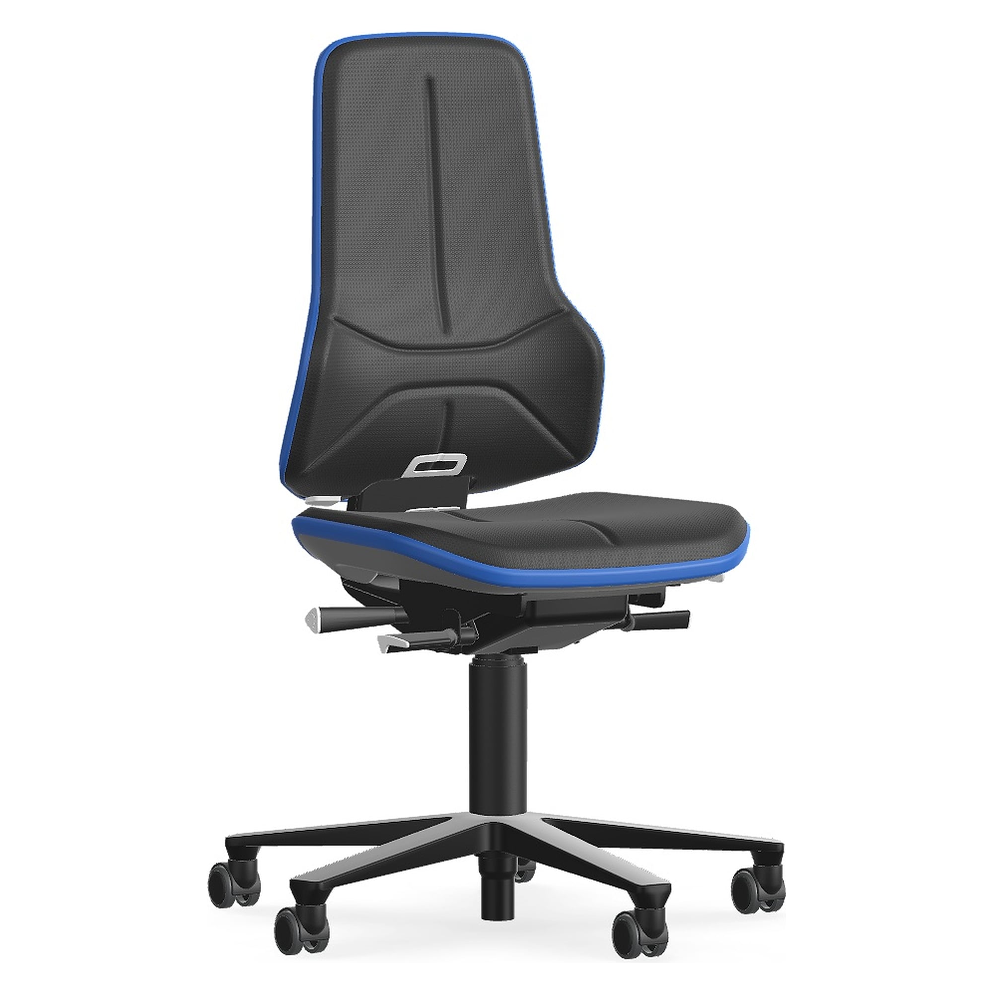 Work chair Neon 2 with castors, permanent contact, Supertec black upholstery, blue Flexband - Bimos 9563-SP01-3277-521304