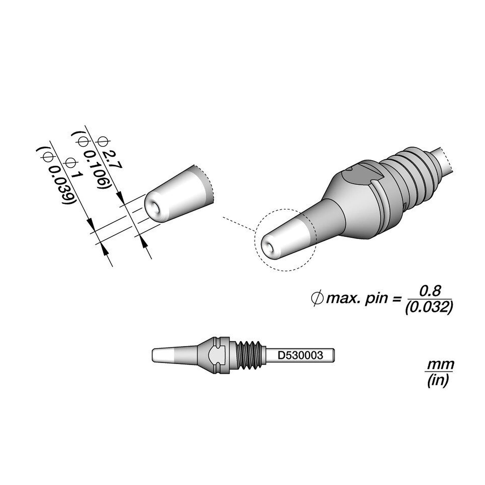 Panne à dessouder THT Ø int. 1 mm Ø ext. 2,7 mm pour fer DT530 - JBC D530003