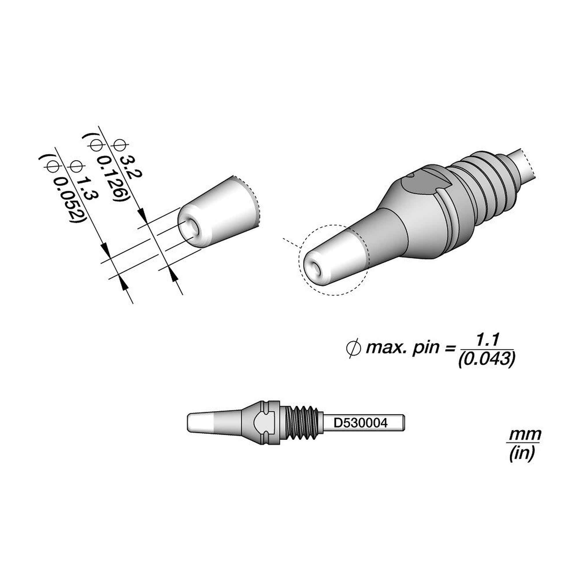 Panne à dessouder THT Ø int. 1,3 mm Ø ext. 3,2 mm pour fer DT530 - JBC D530004