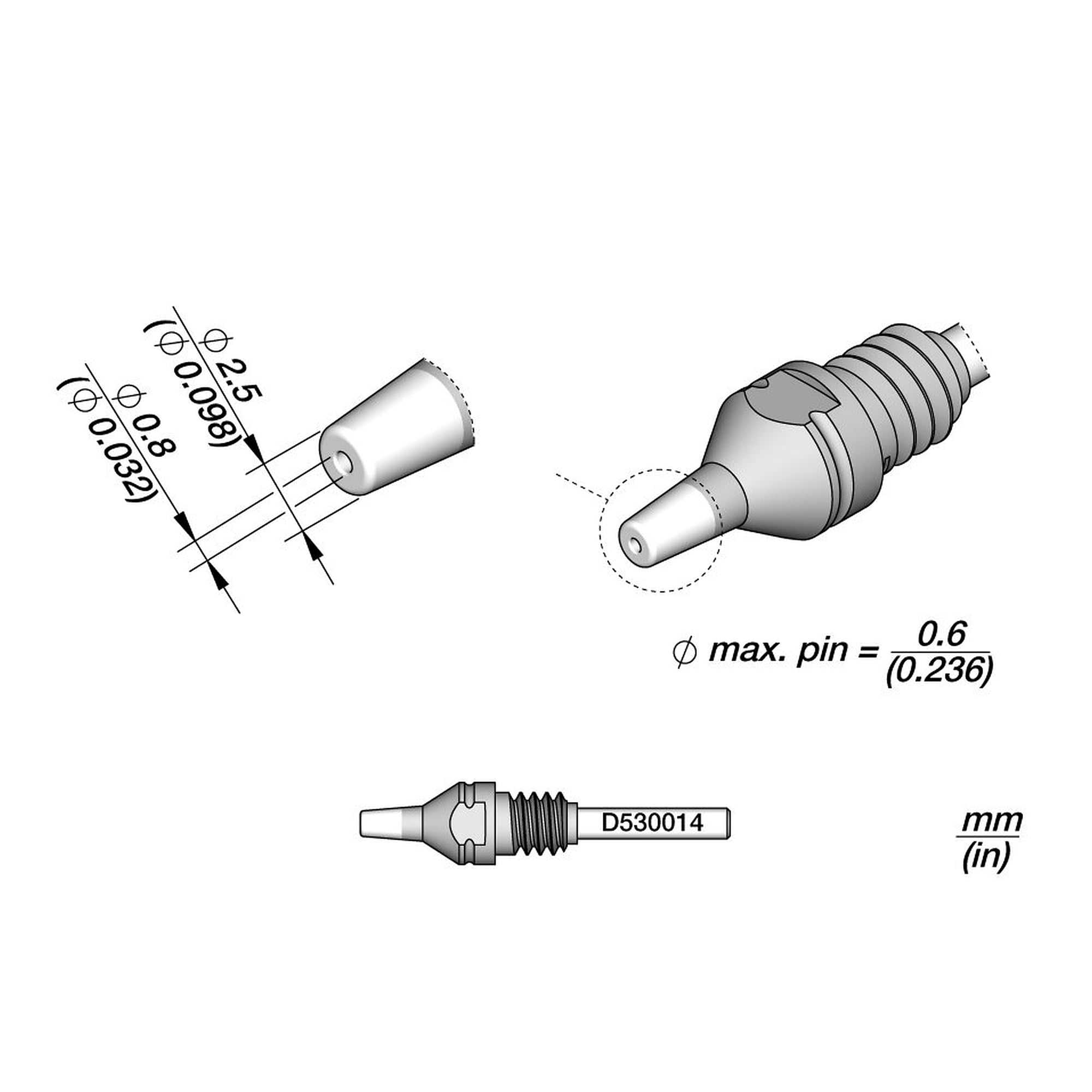 Panne à dessouder THT Ø int. 0,8 mm Ø ext. 2,5 mm pour fer DT530 - JBC D530014