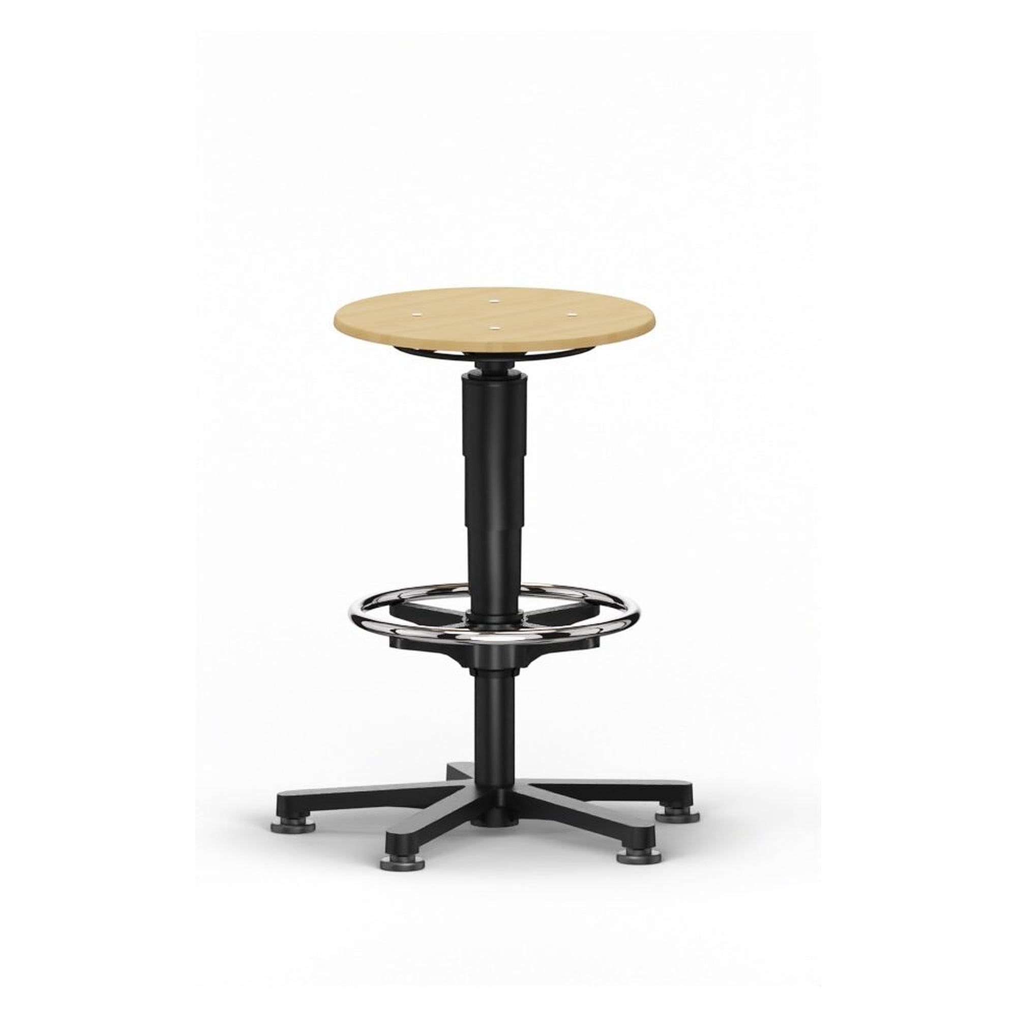 Allround 3 high stool with foot ring and glides, natural beech, seat 560-830 mm, grey ring - Bimos 9461-3000-3278