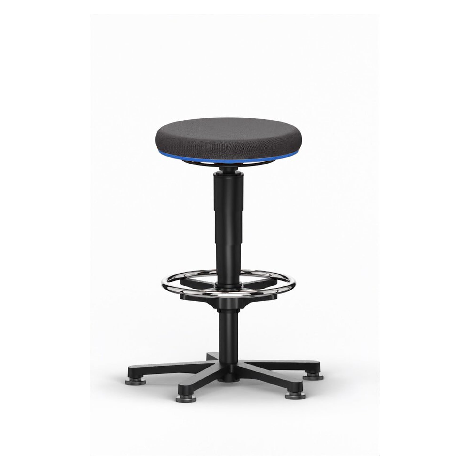 Tabouret haut Allround 3 avec repose-pieds, tissu Duotec noir, assise 560-830 mm, anneau bleu - Bimos 9461-6801-3277