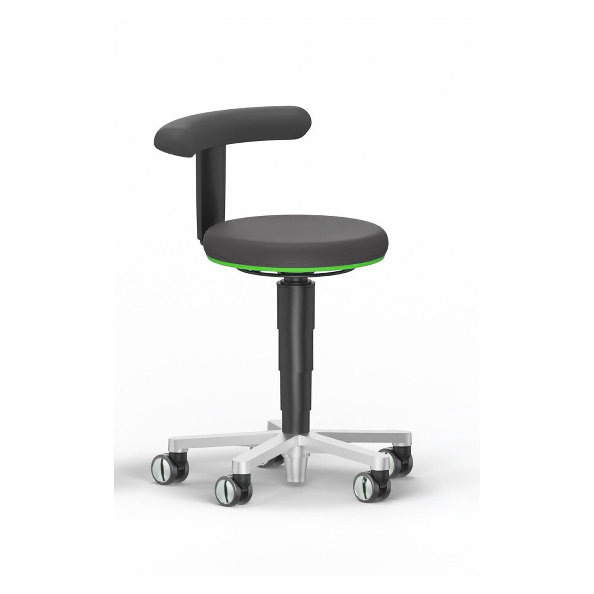 Tabouret de laboratoire 2 à roulettes, similicuir Magic noir, anneau vert, hauteur d'assise 450-650 mm - Bimos 9463L-MG01-3280