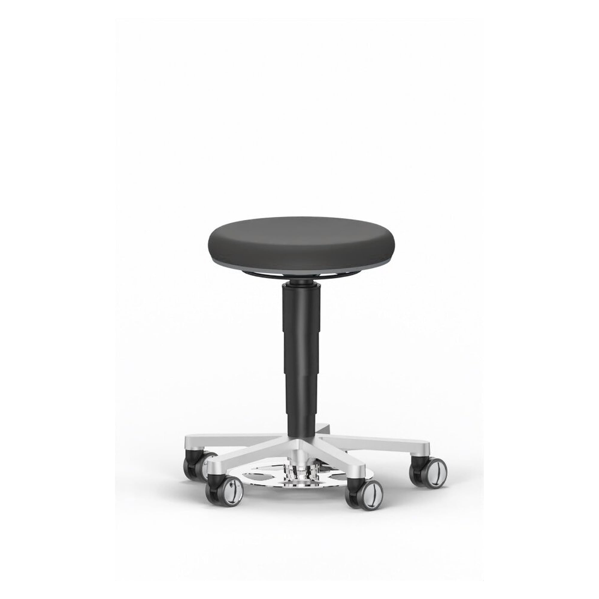 Tabouret de laboratoire à déclenchement au pied, roulettes, similicuir Magic noir, anneau gris, assise 480-650 mm - Bimos 9F63L-MG01-3278
