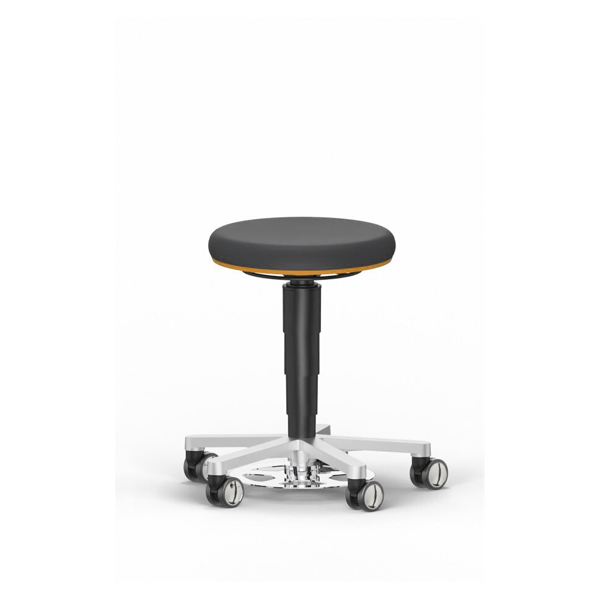 Laboratory stool with foot release and castors, Magic faux leather black, orange colour ring, seat height 480-650 mm - Bimos 9F63L-MG01-3279