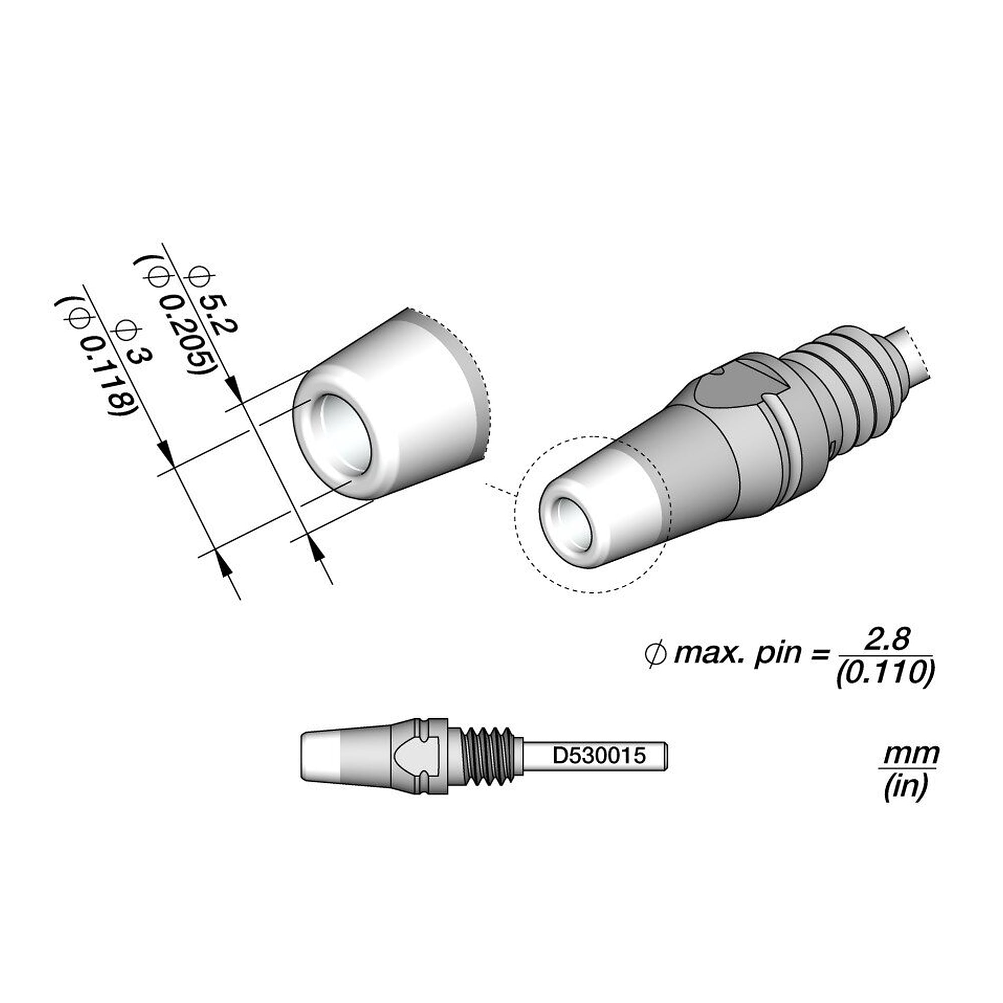Panne à dessouder D530 pour broches jusqu'à 2,8 mm, Ø intérieur 3 mm, pour DT530 - JBC D530015