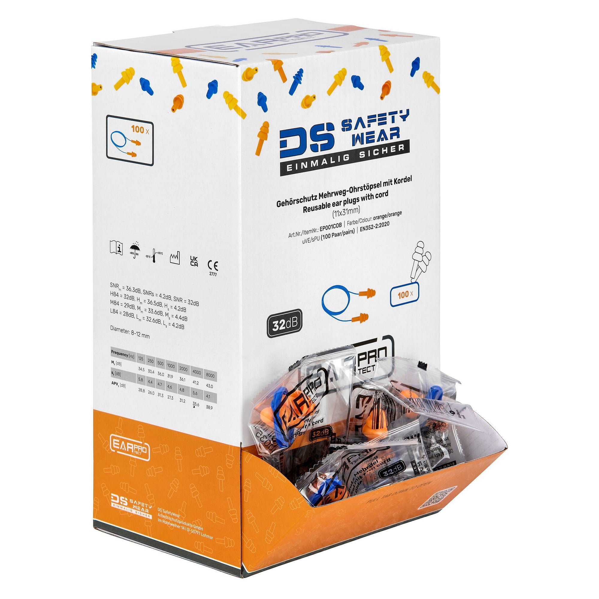 Mehrweg-Ohrstöpsel aus Silikon, lamellenförmig, mit Kordel, SNR 32 dB, Box mit 100 Paar, orange - DS Safety Wear EP001COB