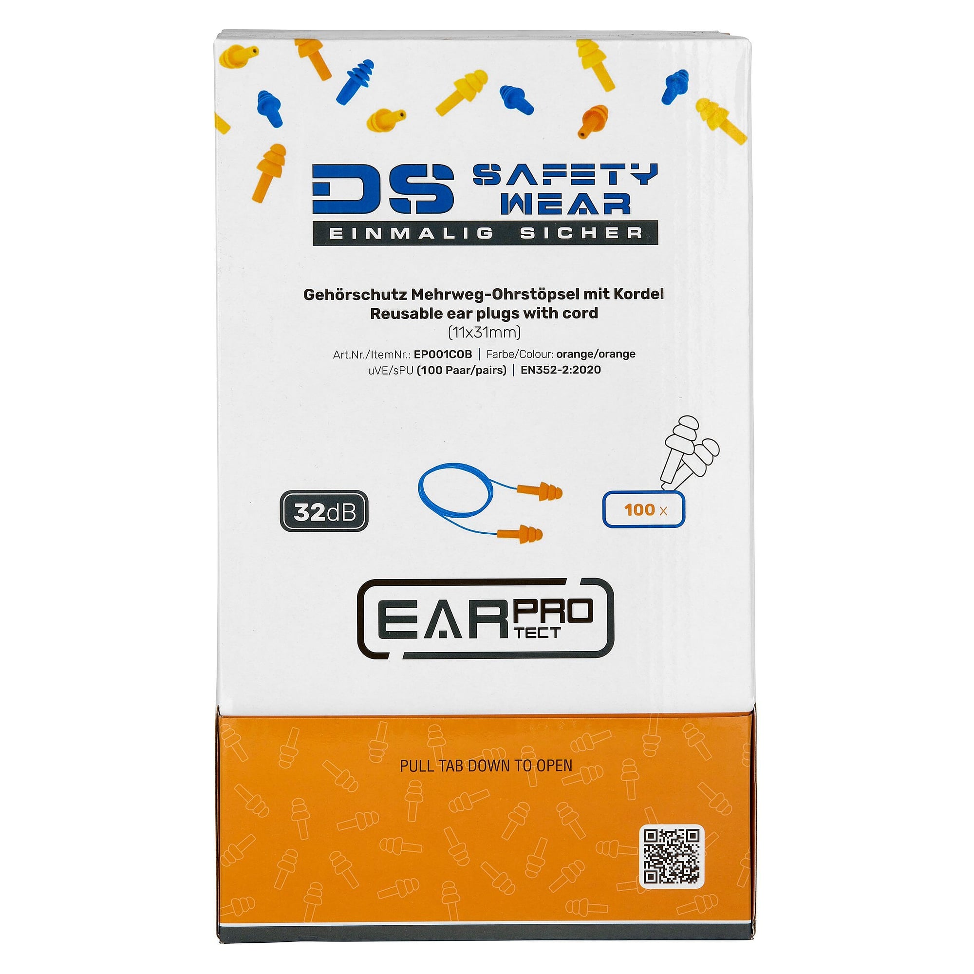 Mehrweg-Ohrstöpsel aus Silikon, lamellenförmig, mit Kordel, SNR 32 dB, Box mit 100 Paar, orange - DS Safety Wear EP001COB