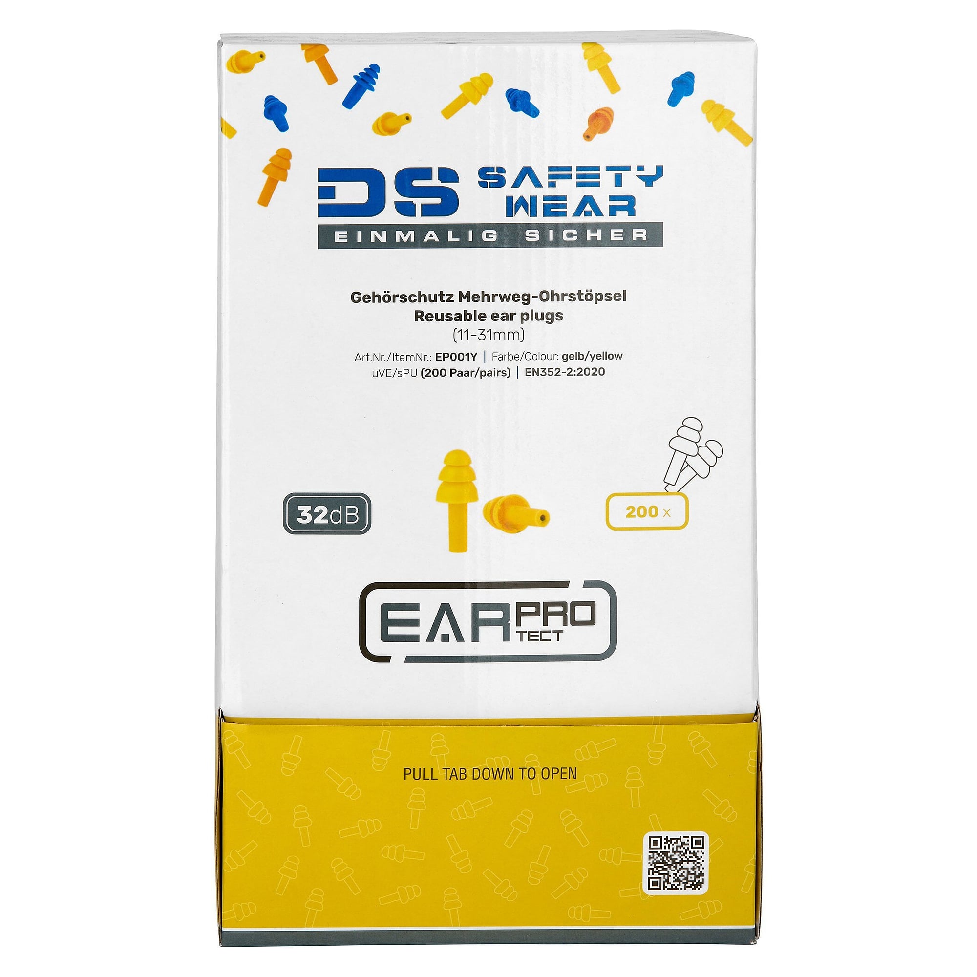 Mehrweg-Ohrstöpsel aus Silikon, lamellenförmig, SNR 32 dB, Box mit 200 Paar, gelb - DS Safety Wear EP001Y