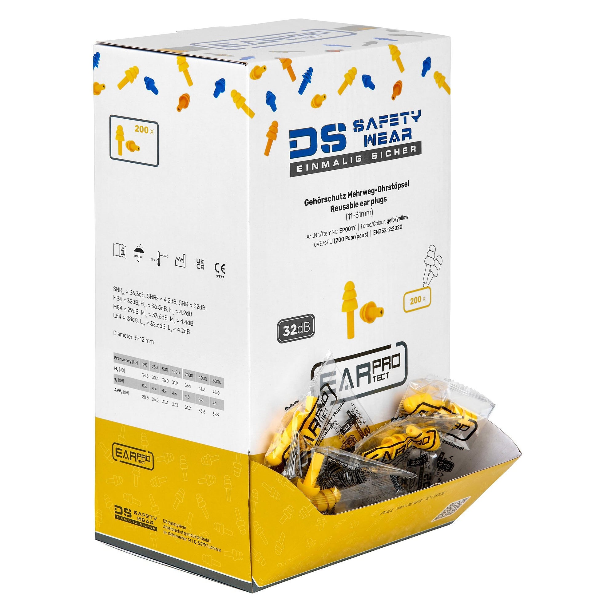 Mehrweg-Ohrstöpsel aus Silikon, lamellenförmig, SNR 32 dB, Box mit 200 Paar, gelb - DS Safety Wear EP001Y